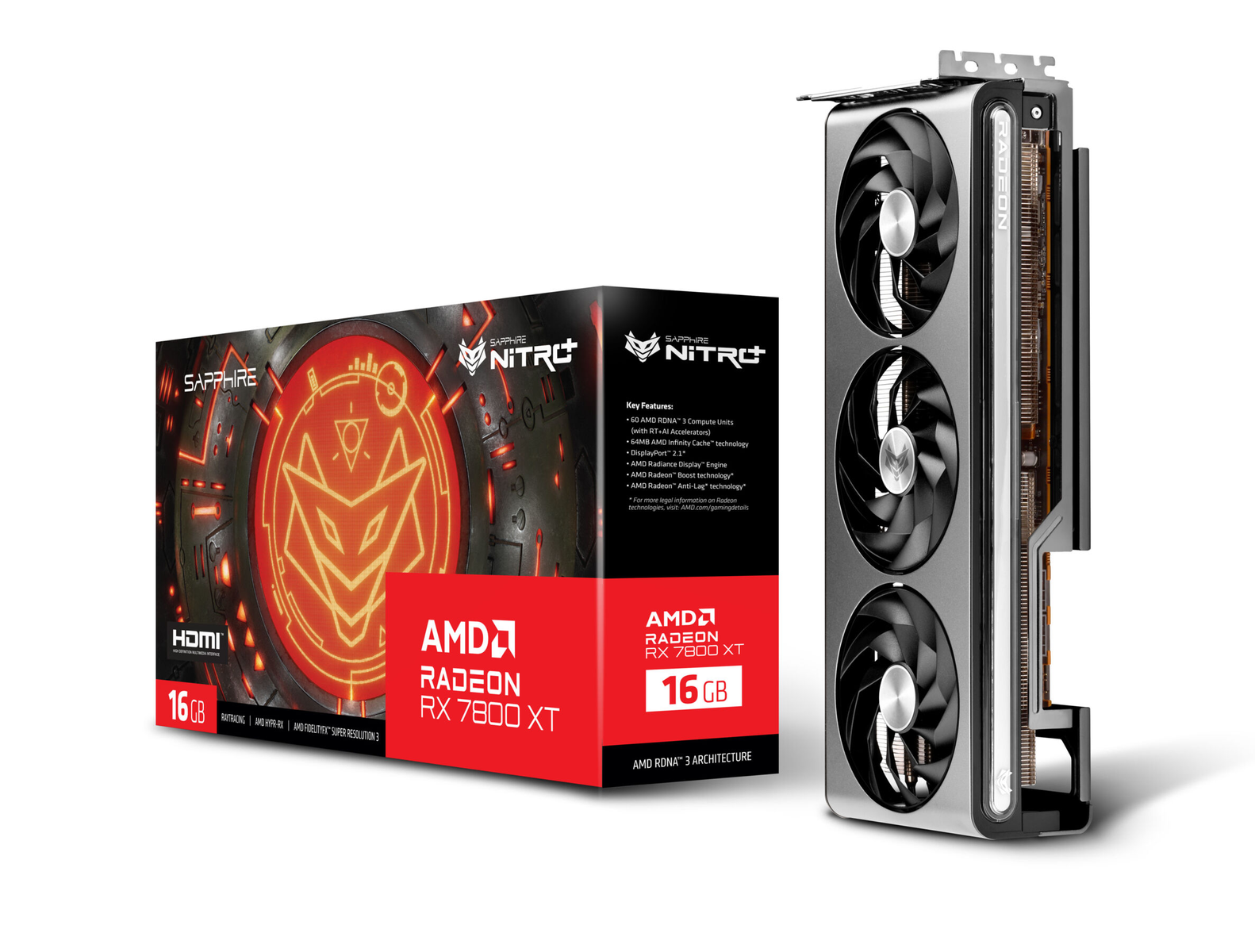 Scheda grafica e scatola con logo Radeon.
