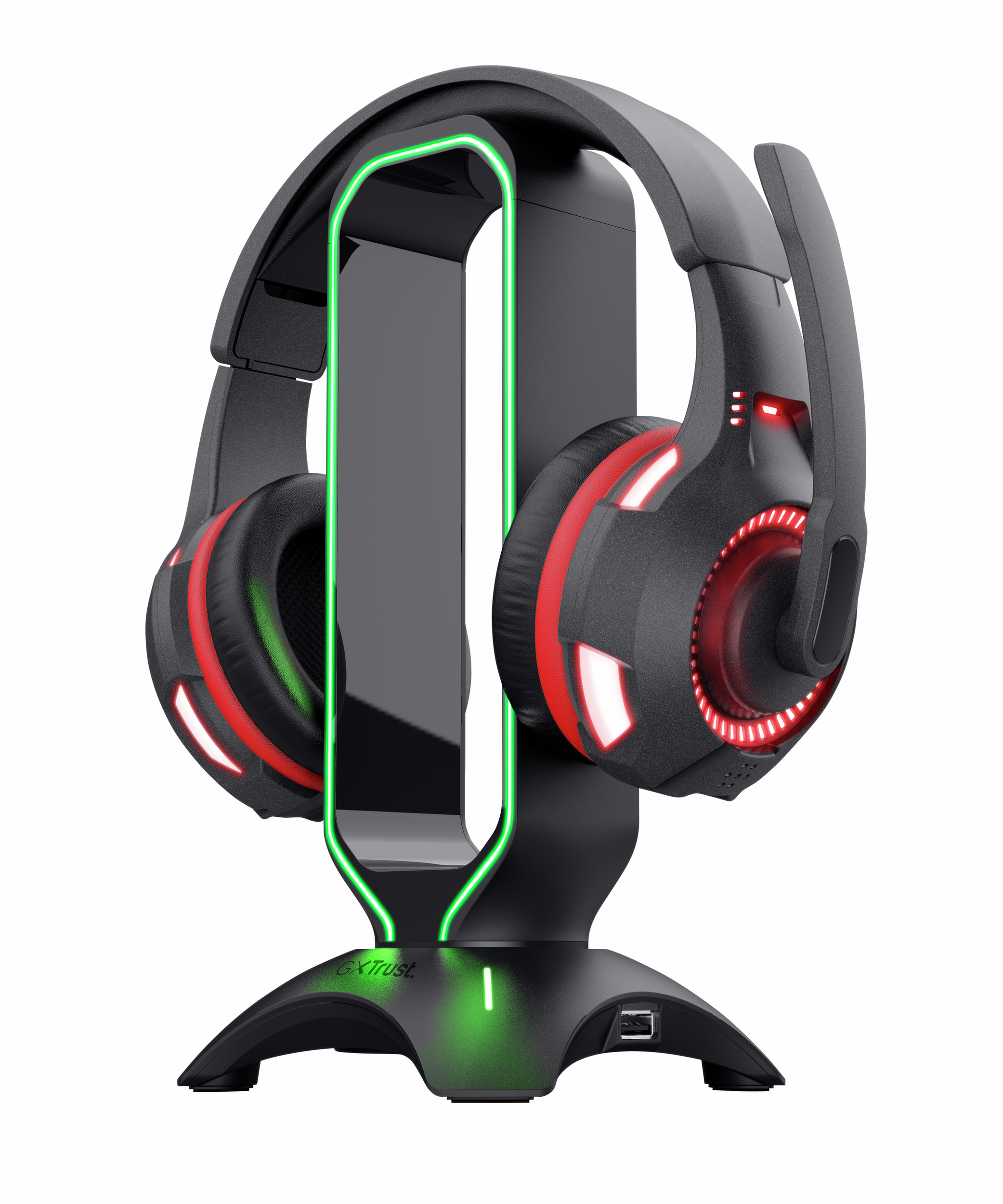 Schwarzes Gaming-Headset auf einem Ladeständer mit grünen und roten Lichtern. Ein weißer Hintergrund.