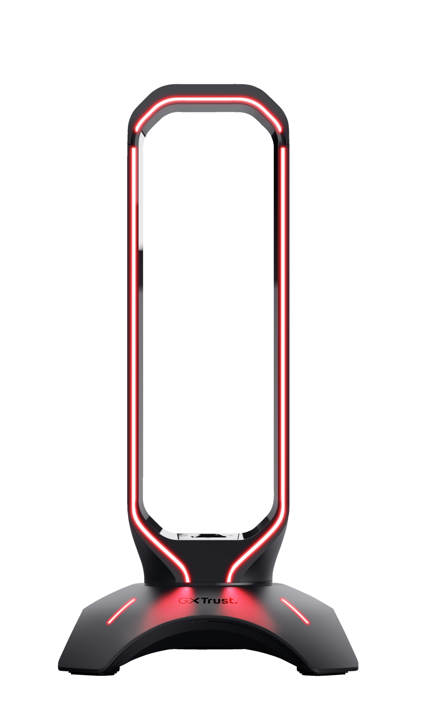 Schwarzes vertikales Gerät mit roten LED-Leuchten. Es steht auf einem schwarzen Sockel mit rotem Trust-Logo.