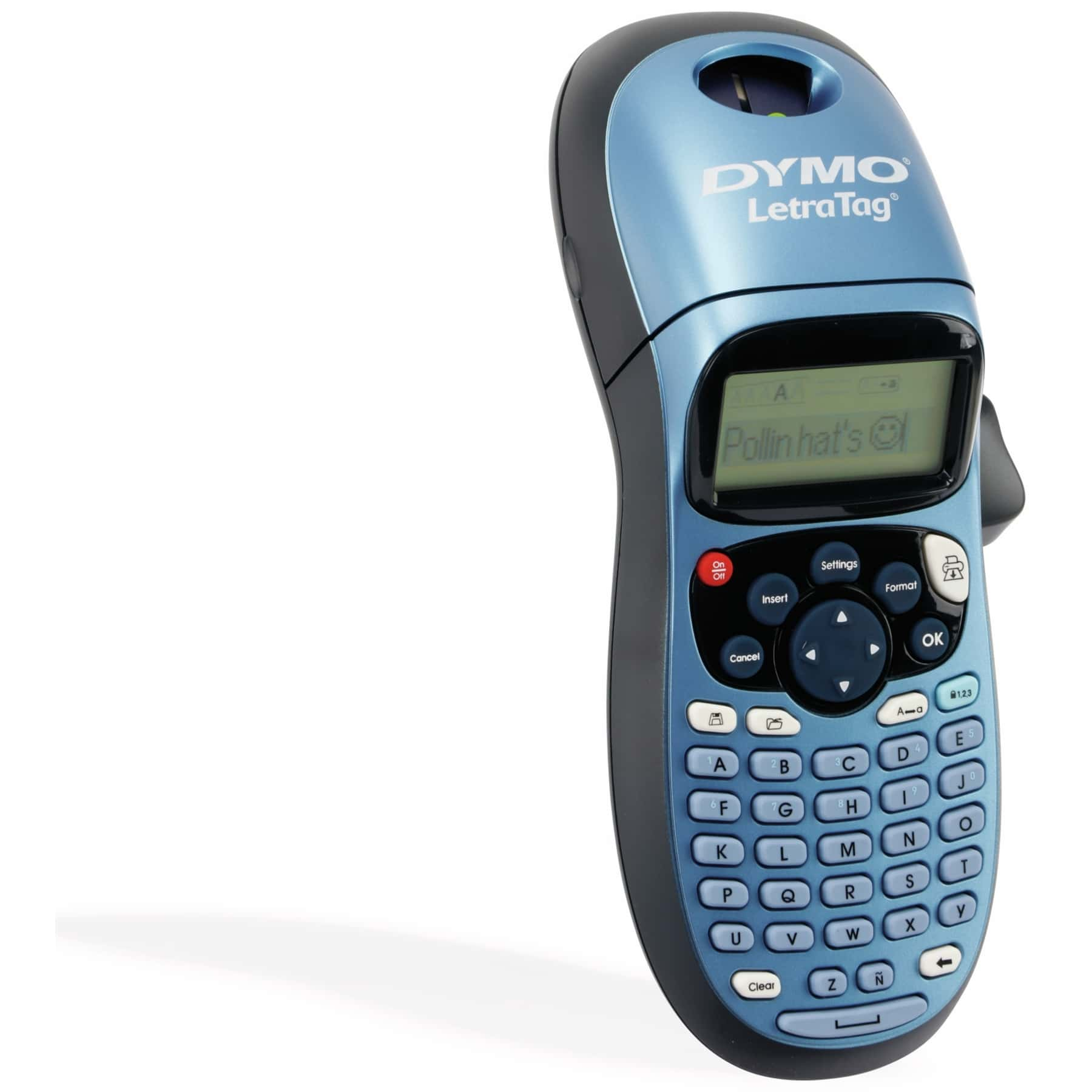 Blau-graues Etikettiergerät mit Display und Tastatur.
