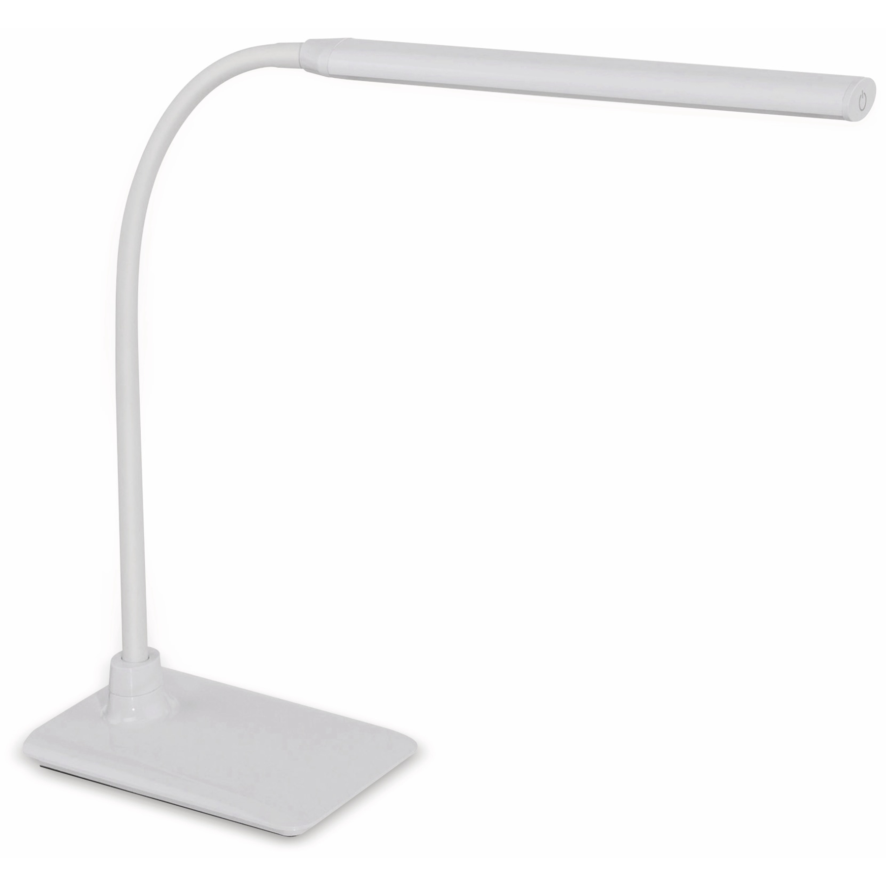 Una lampada da scrivania bianca e curva con base rettangolare.