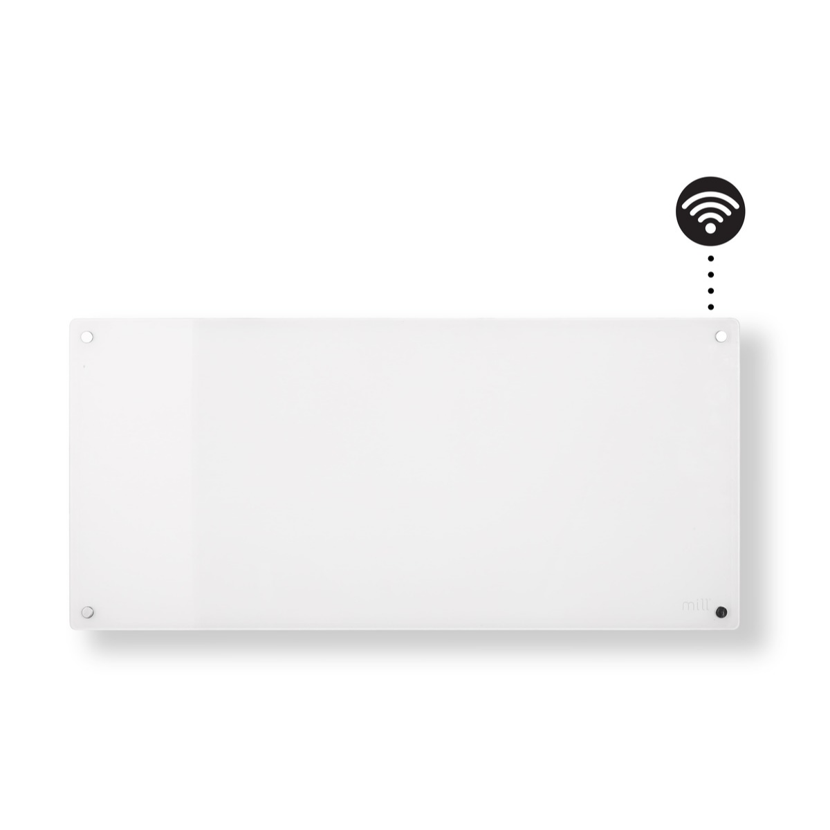 Un calefactor blanco rectangular con esquinas redondeadas, símbolo Wi-Fi y logo mill en un lado.