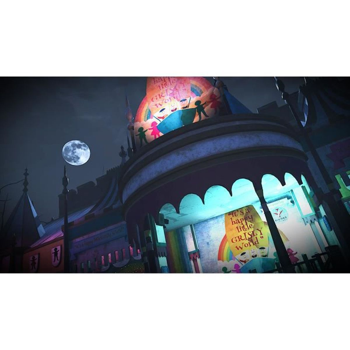 Una scena notturna scura di un carnevale con una grande luna. Edifici e un'insegna illuminati.