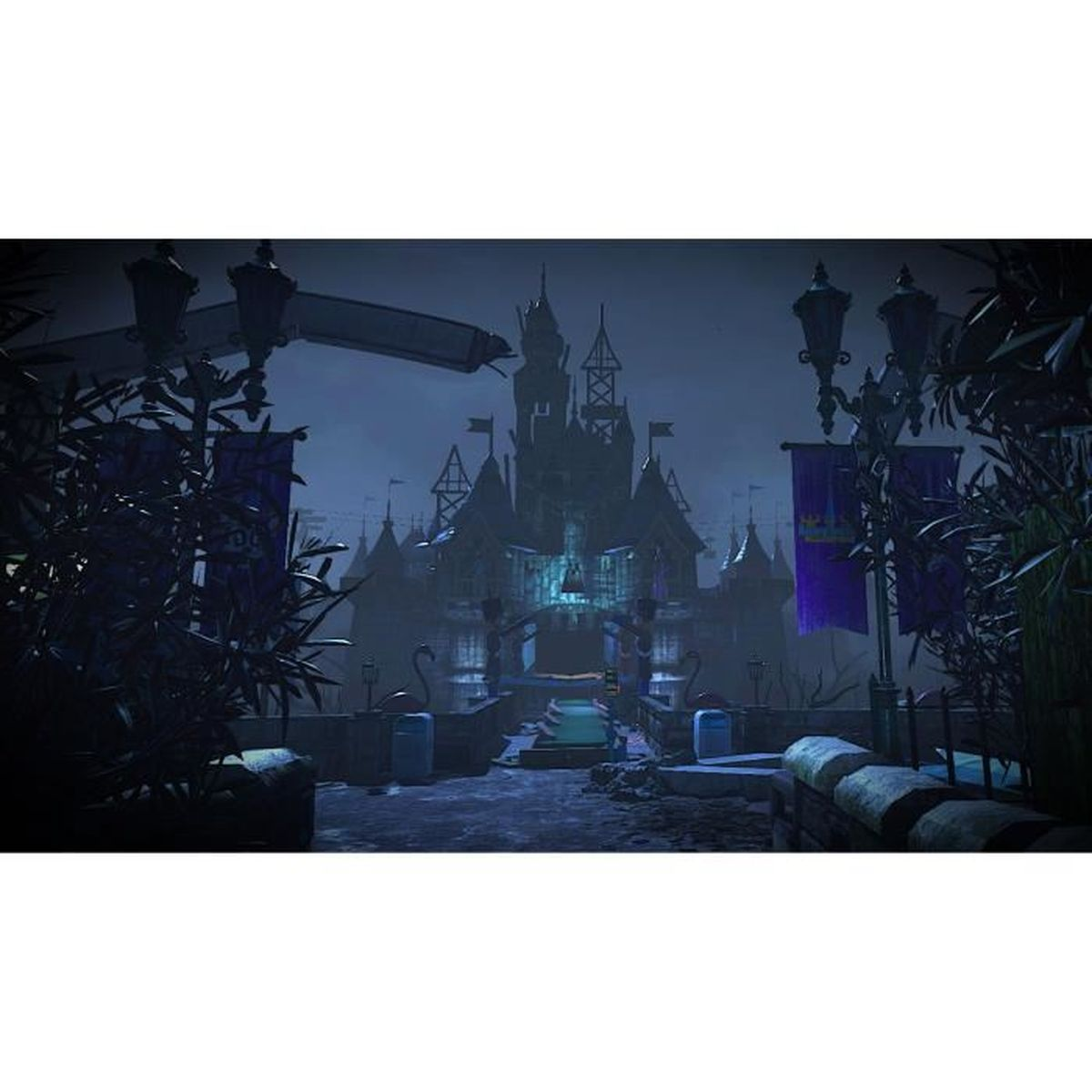 Scena notturna con un castello e luci decorative. Atmosfera cupa e minacciosa.