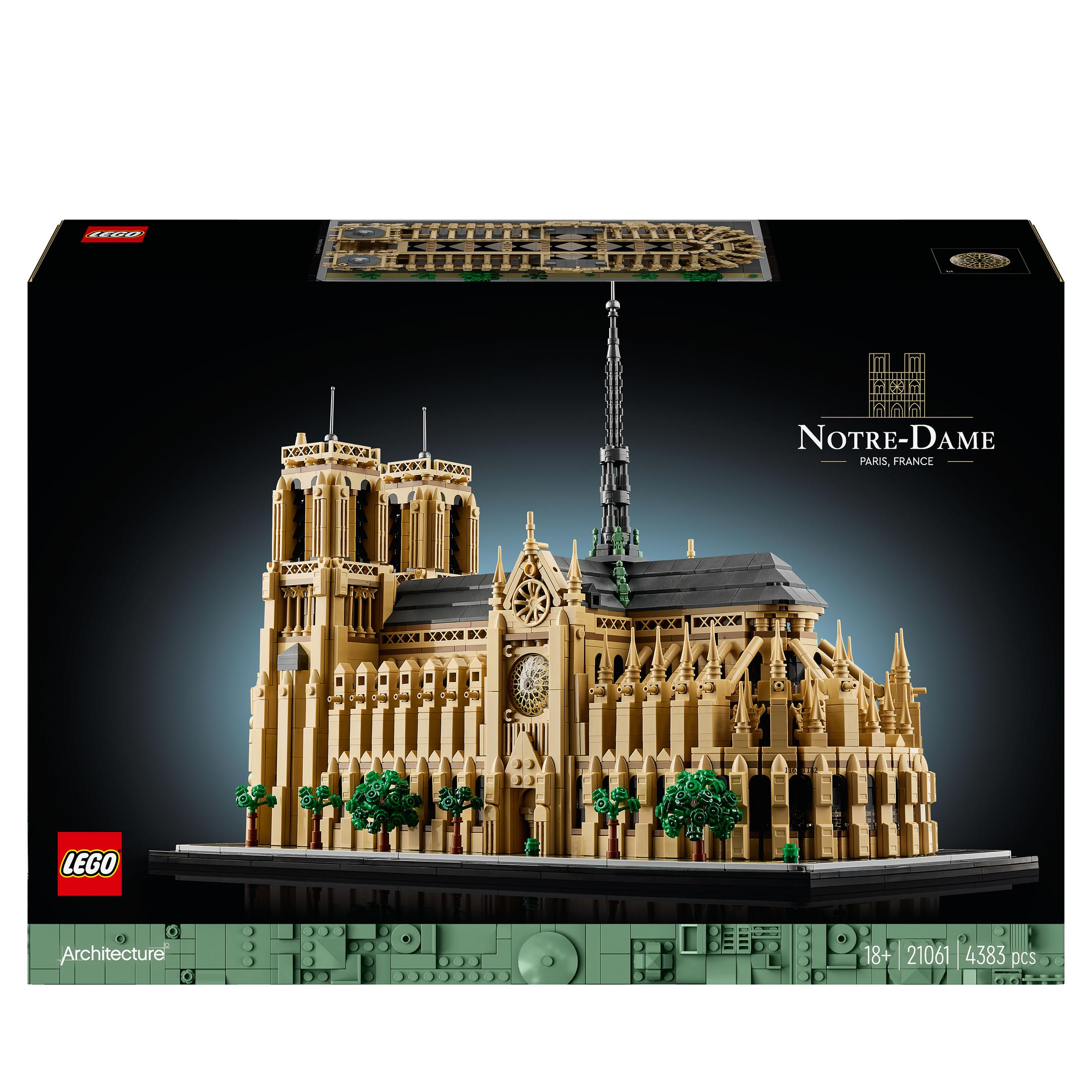 Pudełko modelu Lego Notre-Dame z modelem na czarnej powierzchni.