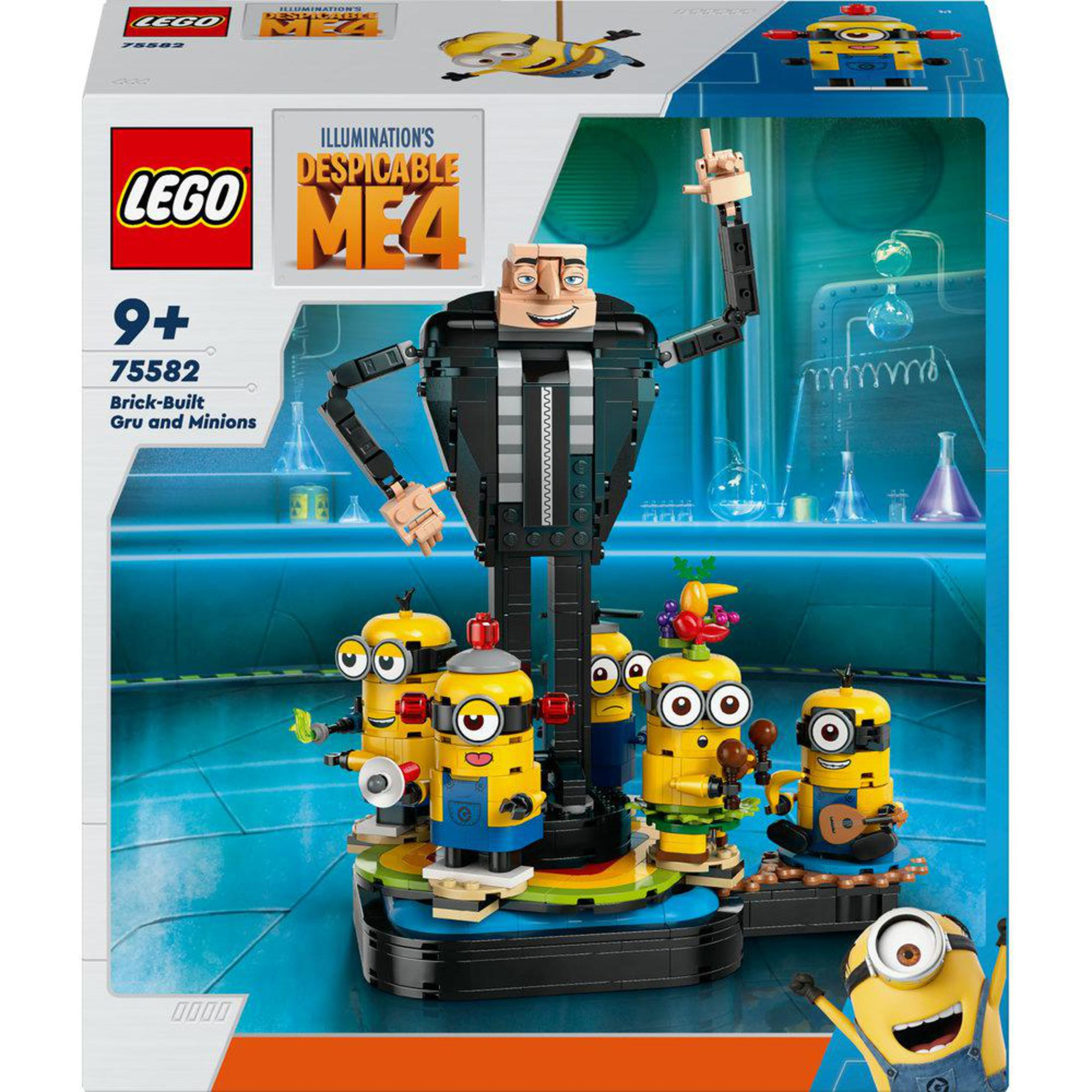 Pudełko Lego przedstawia figurki Gru i Minionków. Pudełko ma logo Lego i markę Despicable Me 4.