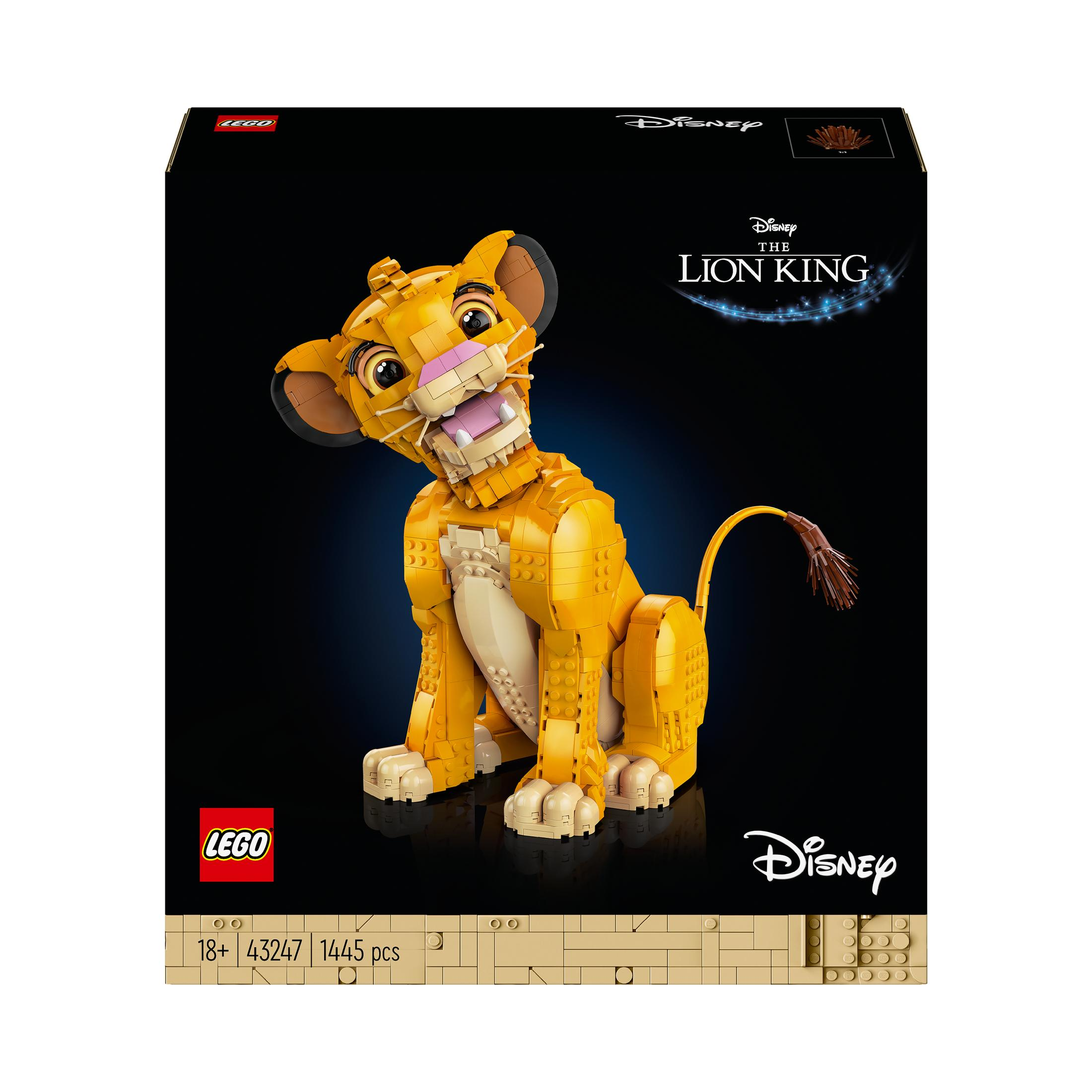 LEGO Disney Król Lew, Simba. Żółta figurka lwa, z czarnym tłem i pudełkiem Lego.