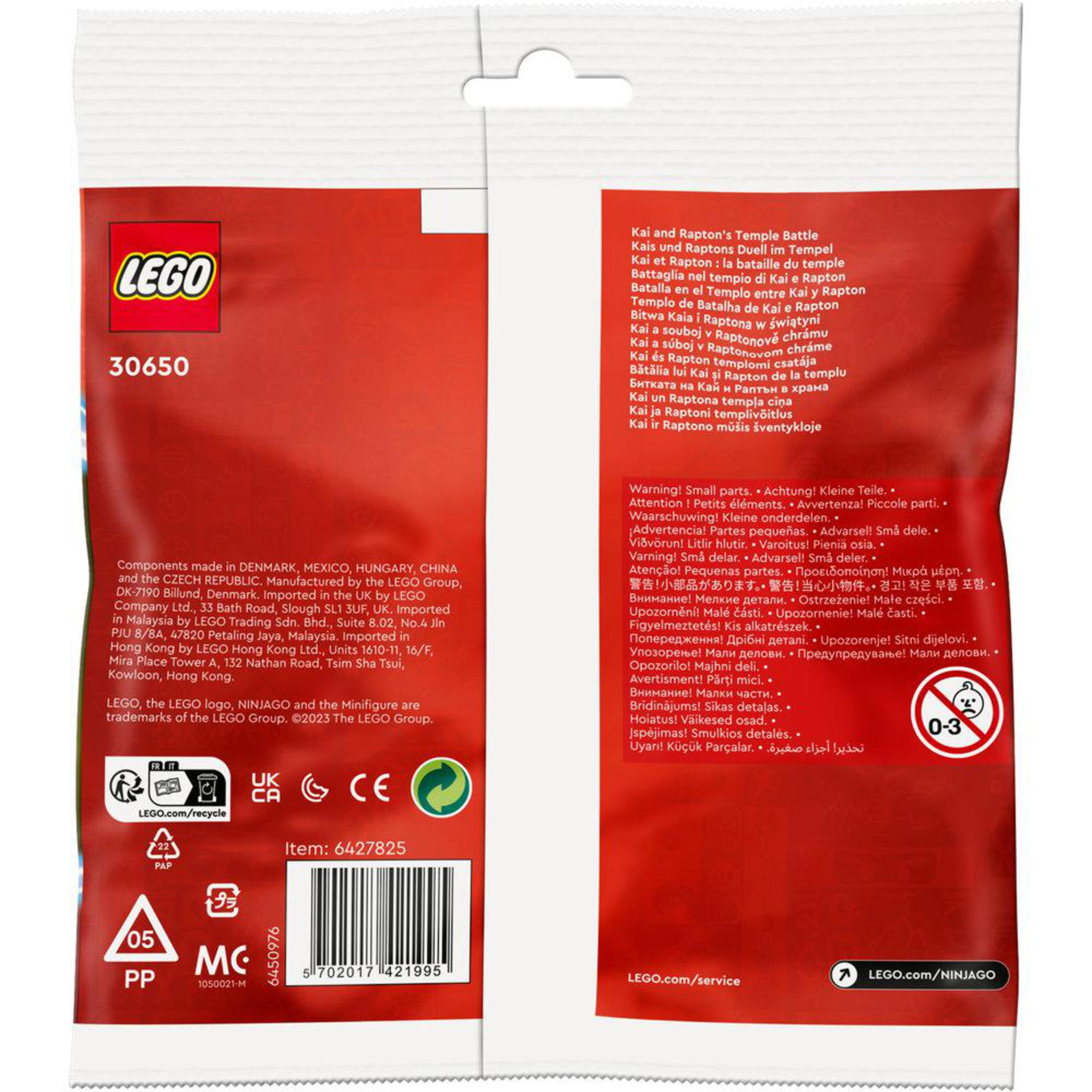 LEGO-Box mit Text und Bildern. Steht LEGO drauf, Recycling- und Warnsymbole.