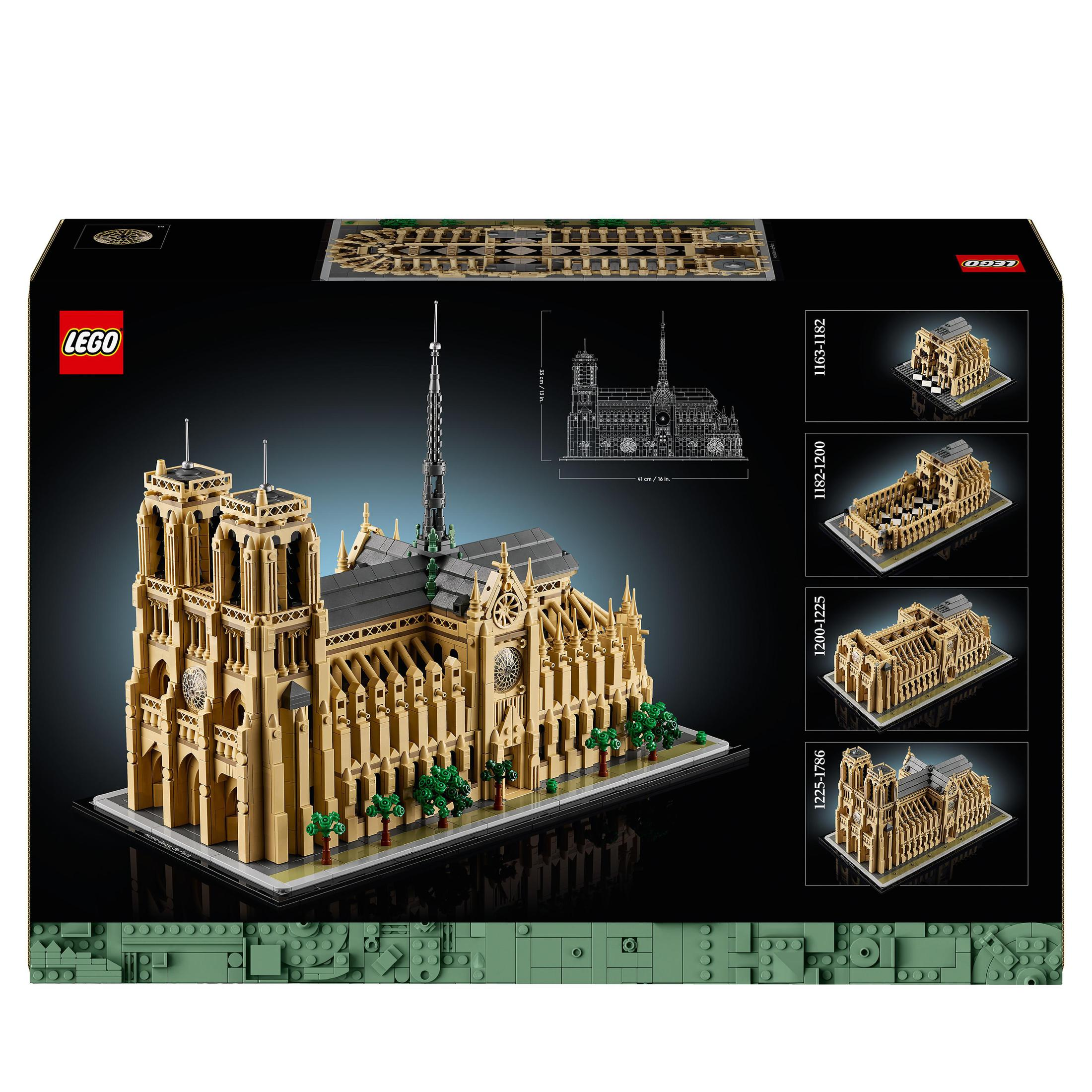 Pudełko zestawu Lego Notre Dame, pokazujące model. Tło jest czarne z diagramami i obrazami architektonicznymi.