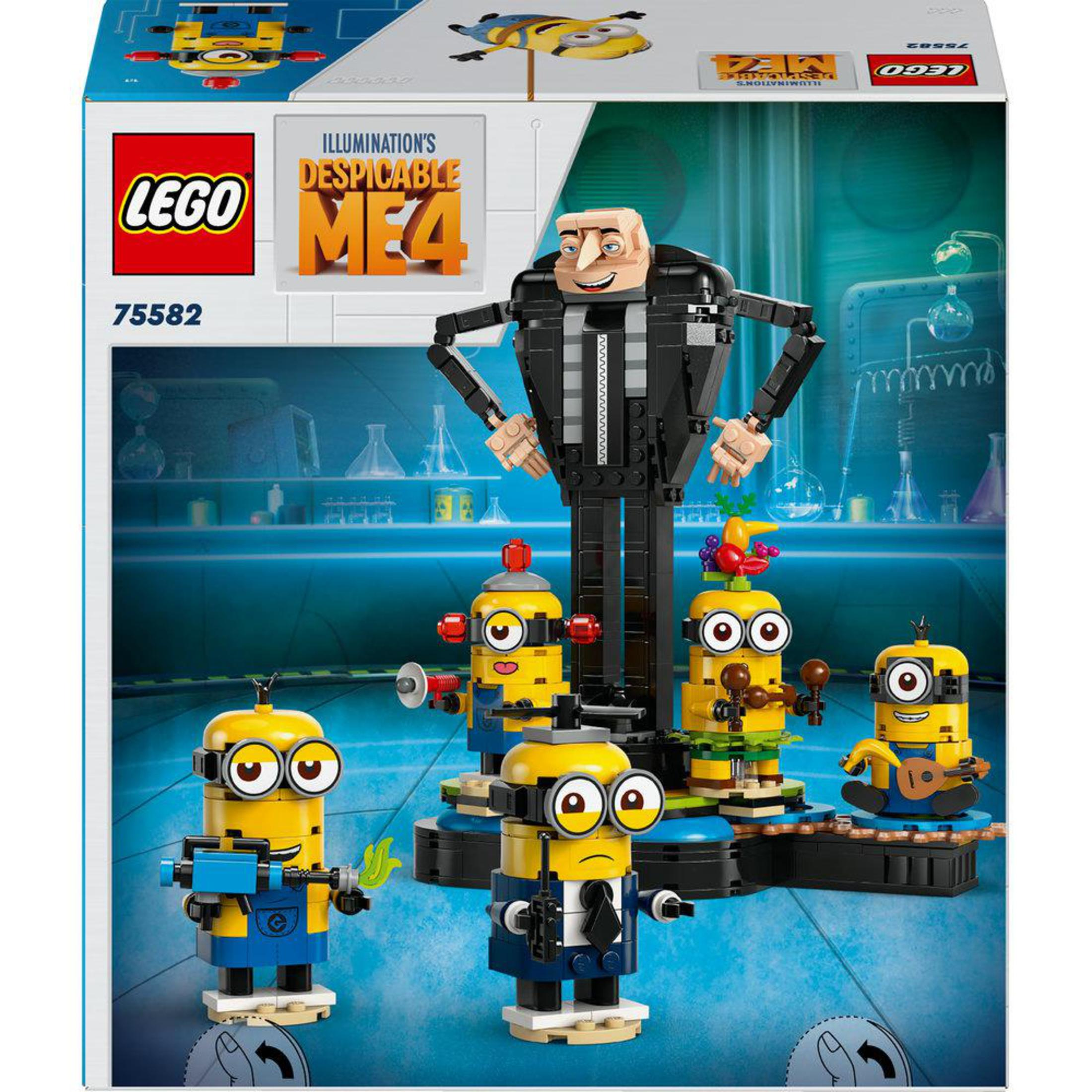 Pudełko Lego z postaciami Gru i Minionków. Minionki są w różnych pozach z narzędziami.
