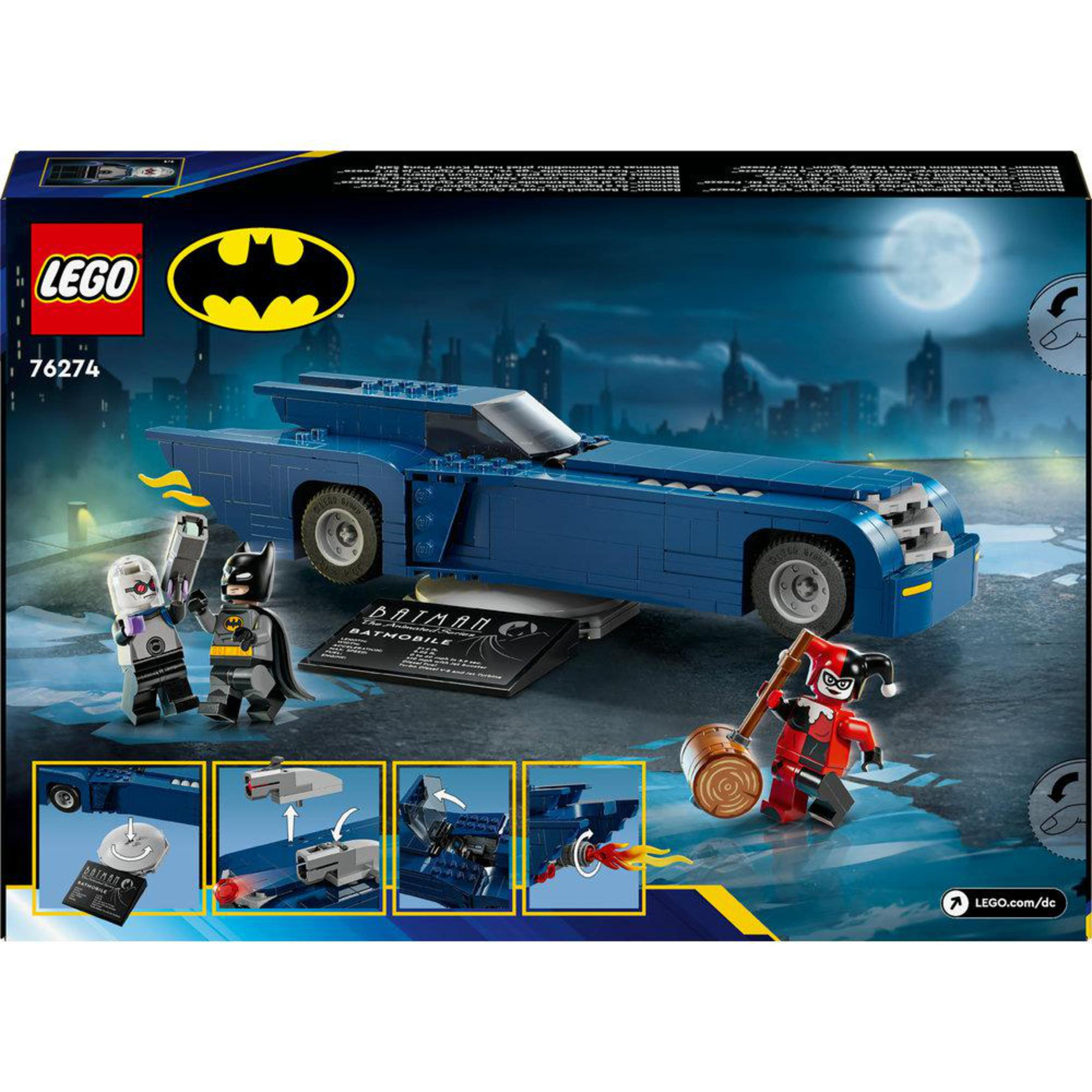 Pudełko zestawu Lego Batman z figurkami Batmana, Riddlera i Harley Quinn. Widoczny jest samochód Batmobil.