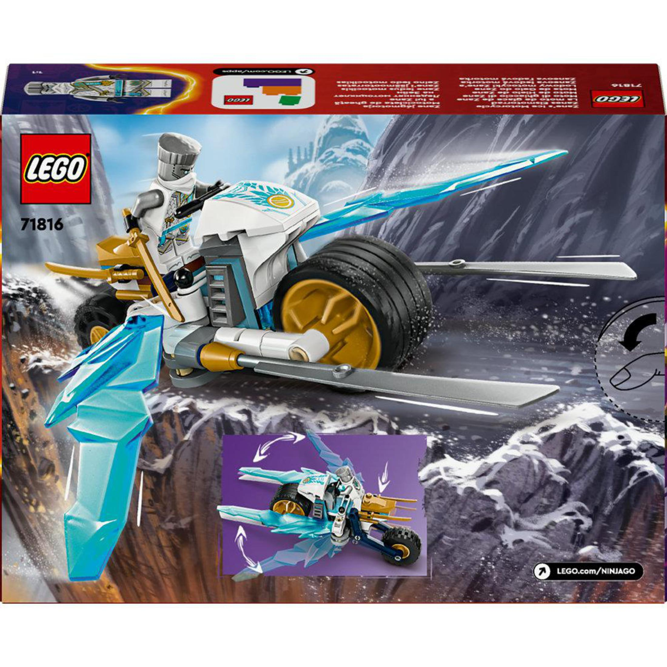 Lego-Set-Box, die ein weiß-blaues Fahrzeug mit einer Ritterfigur zeigt, Setnummer 71816.