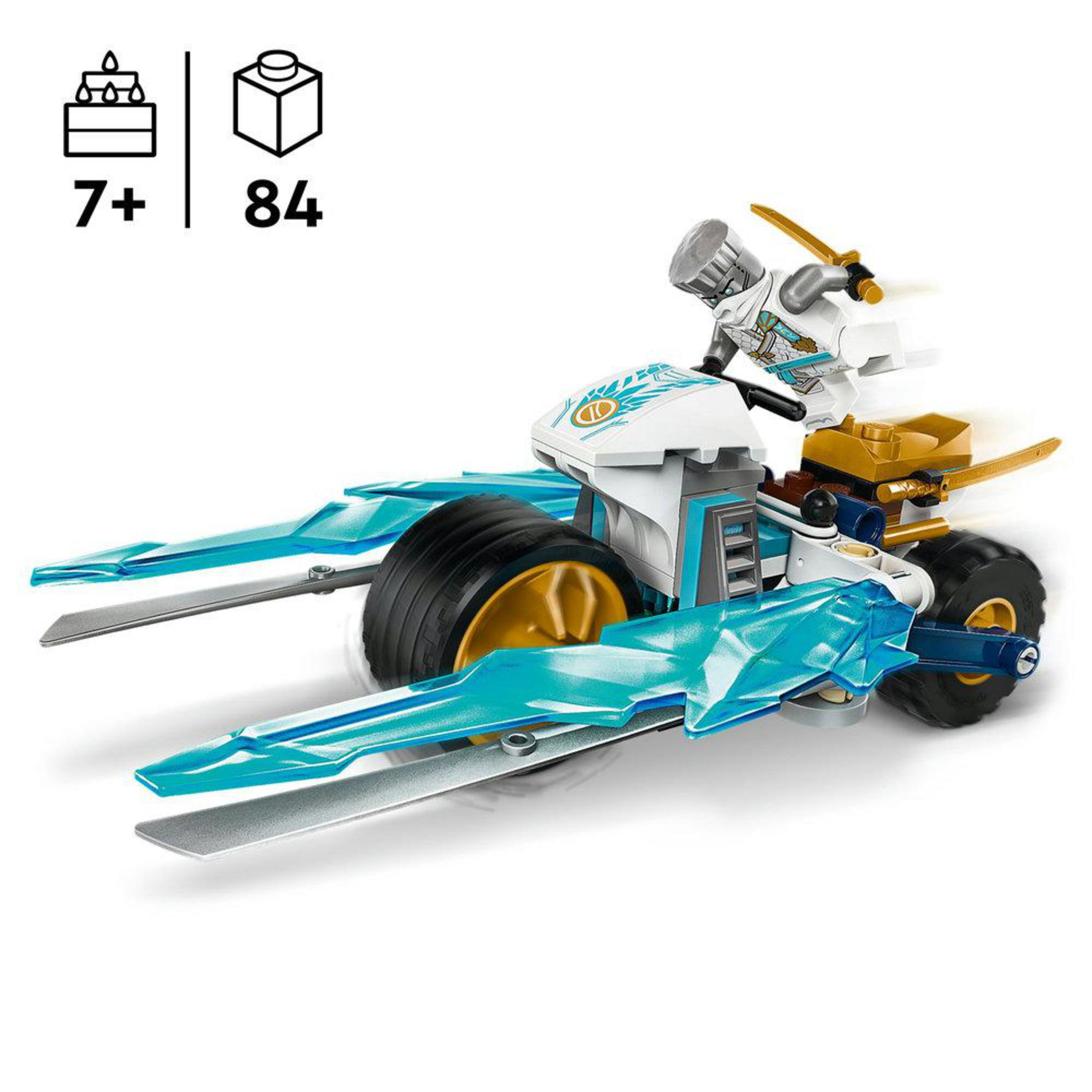 Ein Lego Ninjago Set mit einem weiß-blauen Fahrzeug und einer Ninja-Figur.
