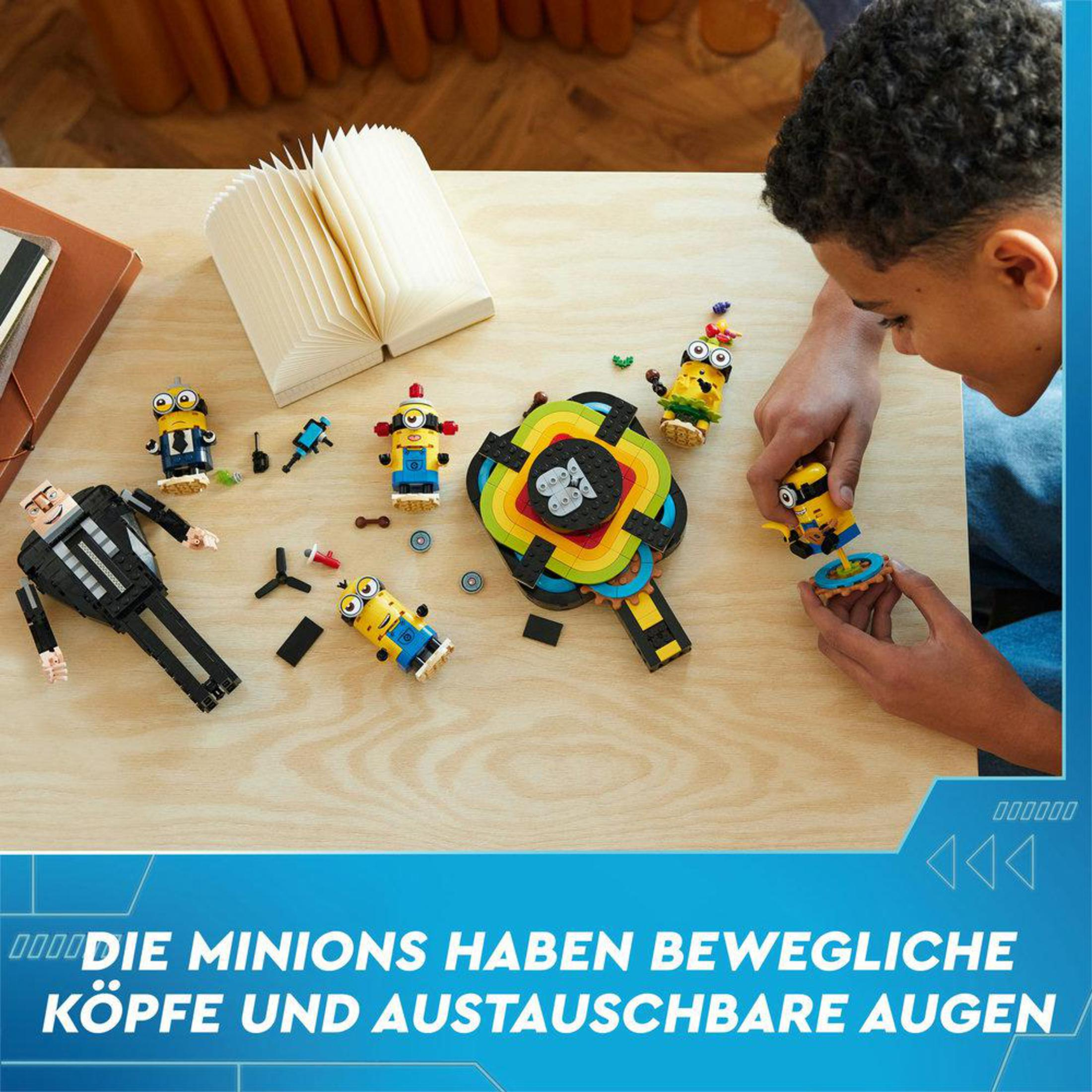 Dziecko bawi się zestawem LEGO Minions, zawierającym różne postacie Minionków i akcesoria.