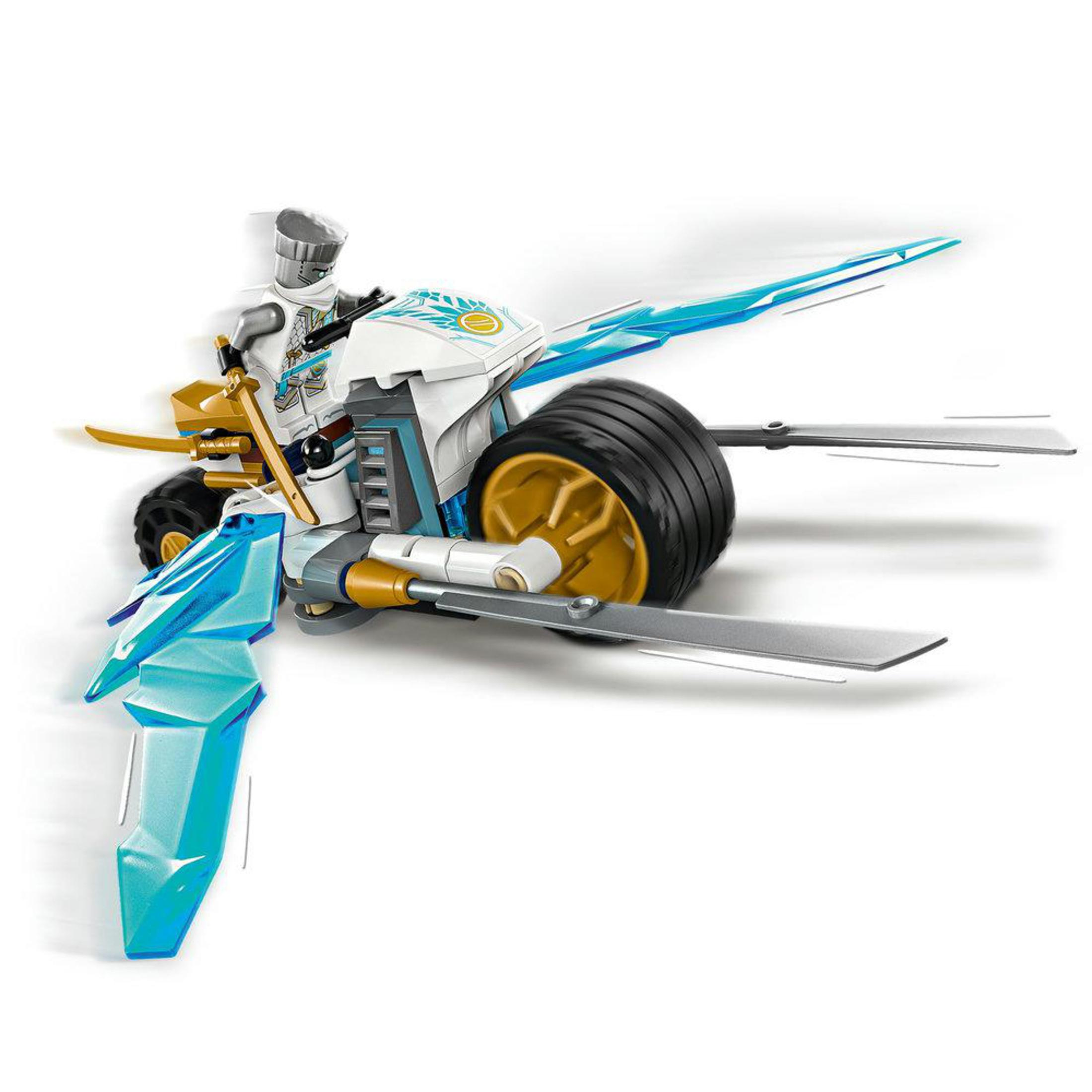 Ein Lego Ninjago Spielzeug, ein weißes und blaues Motorrad mit einem Ninja darauf.