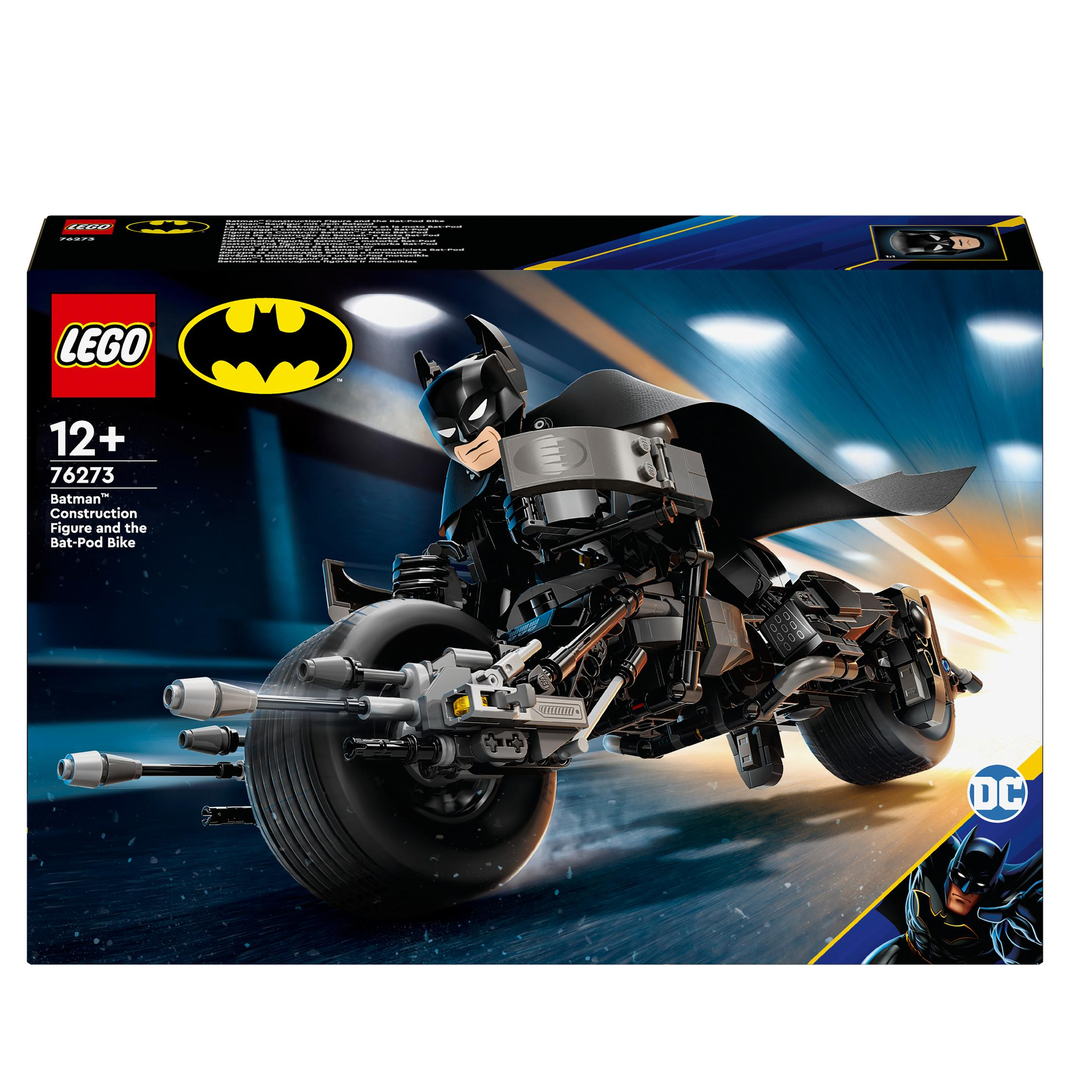 Pudełko zestawu Lego Batman z Batmanem na motocyklu Bat-Pod na ciemnym tle.