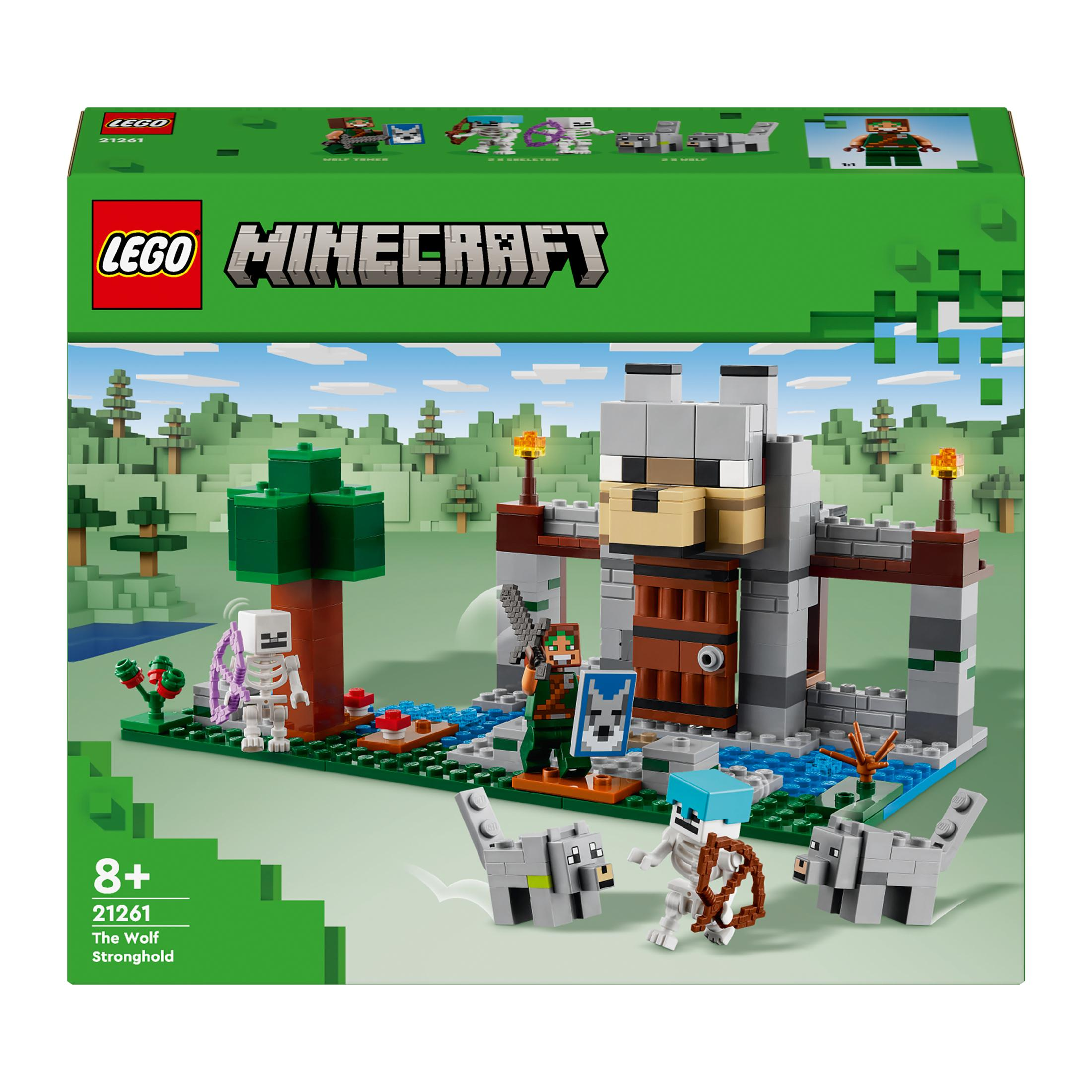 LEGO Minecraft Das Wolfs-Festungs-Set mit blockigen Charakteren und einer Wolf-Themenstruktur.