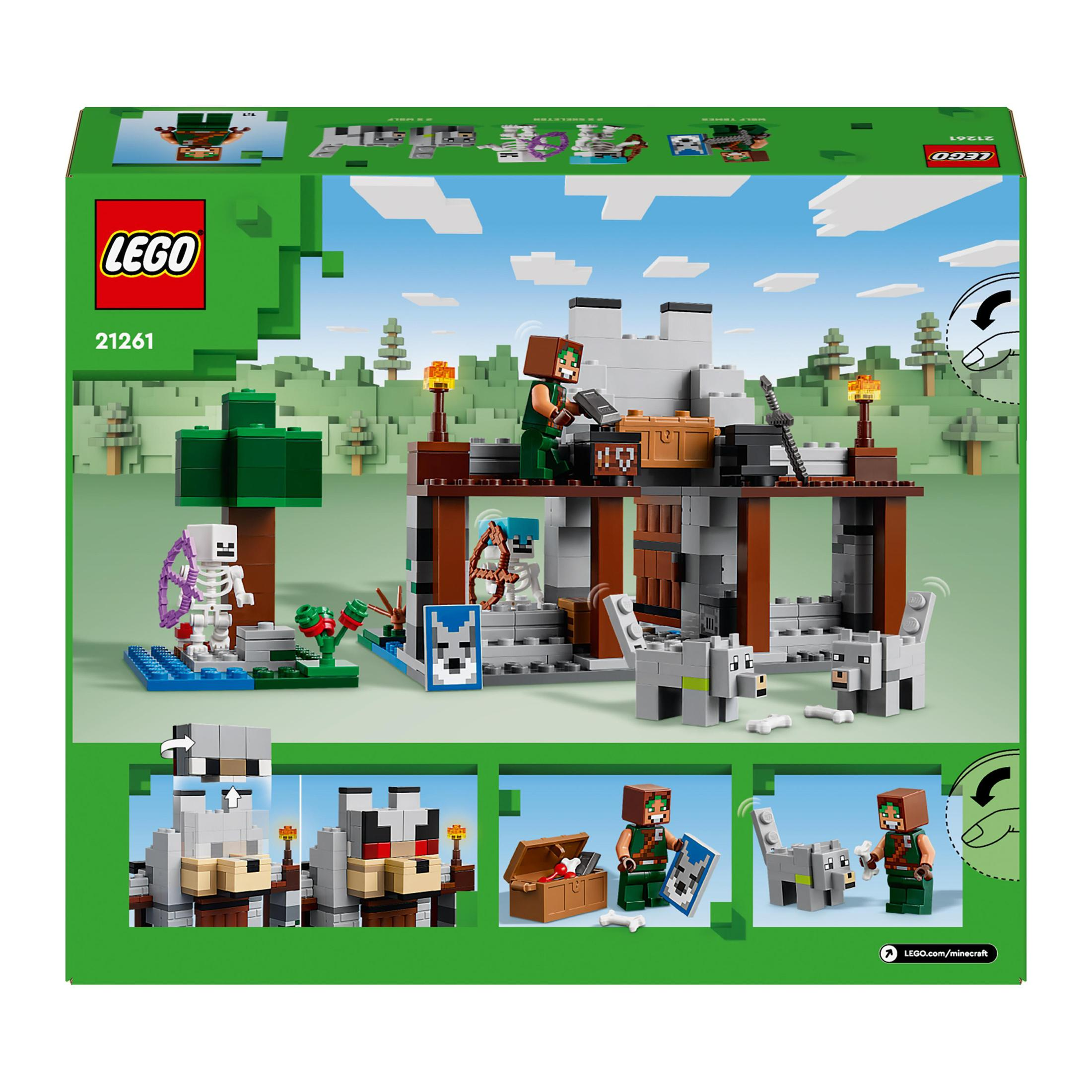 Eine Lego Minecraft-Set-Box mit einer detaillierten Bauszene, Charakteren und verschiedenen Lego-Figuren.