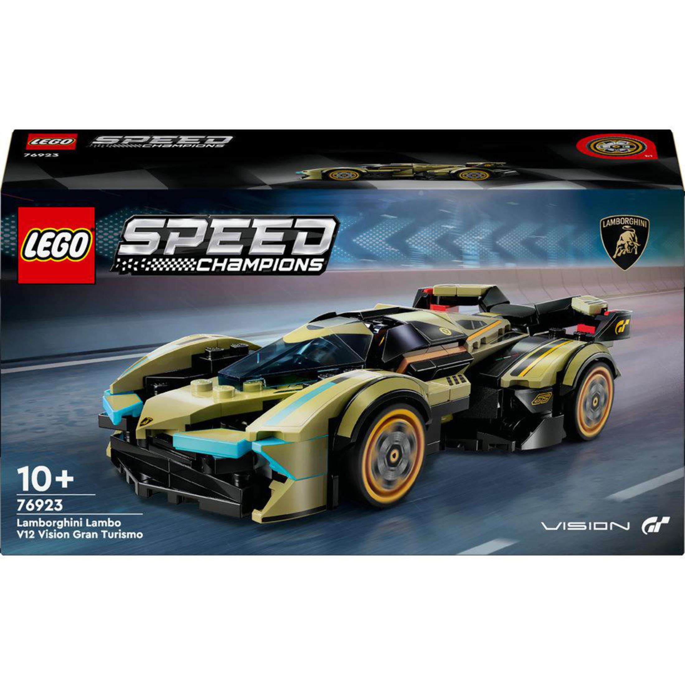 Scatola Lego Speed Champions Lamborghini, con modello di auto all'interno e logo Lego sopra.