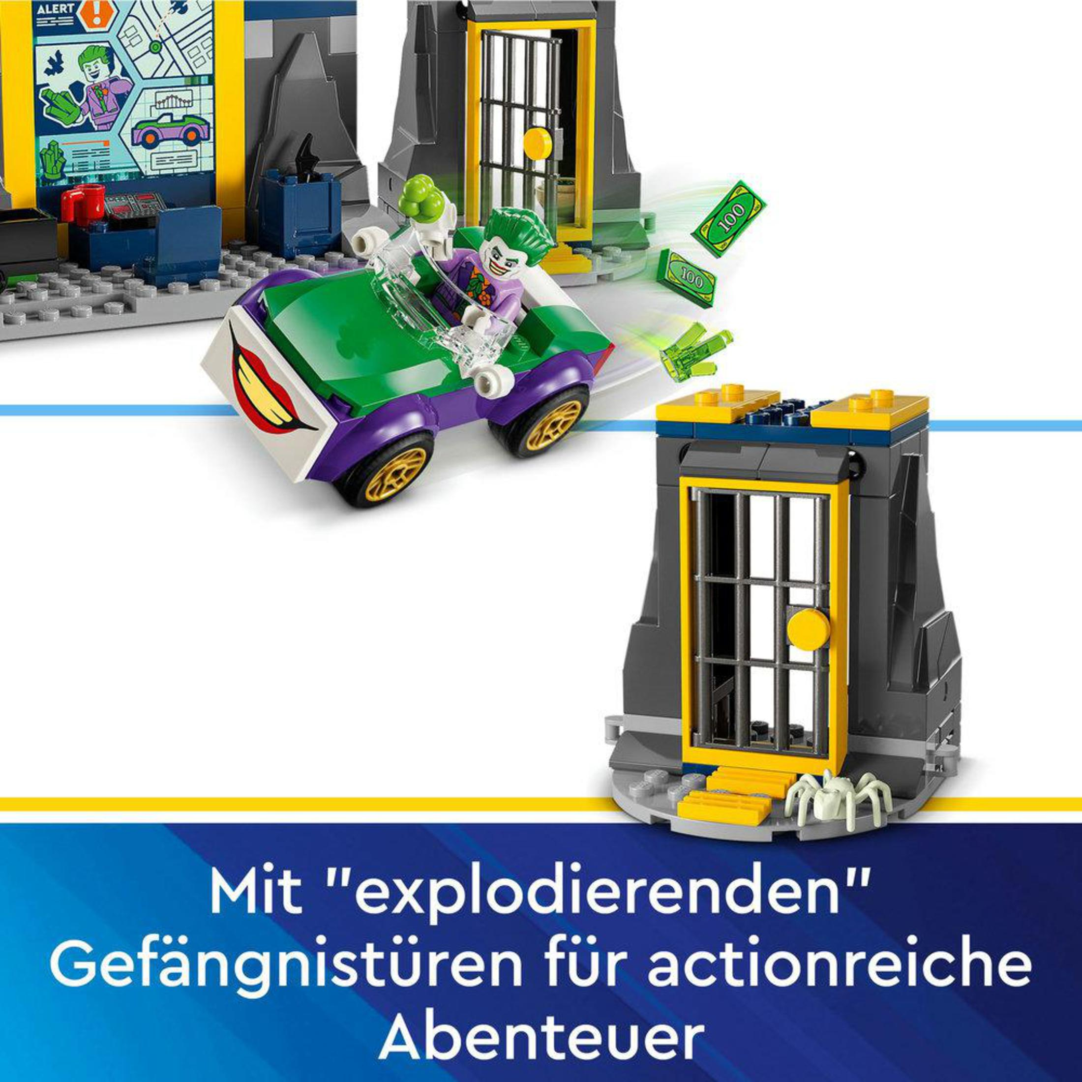 Lego-Set mit Jokers Auto und Gefängnisgebäuden. Joker-Figur im Auto. Grüne, lila und gelbe Farben.
