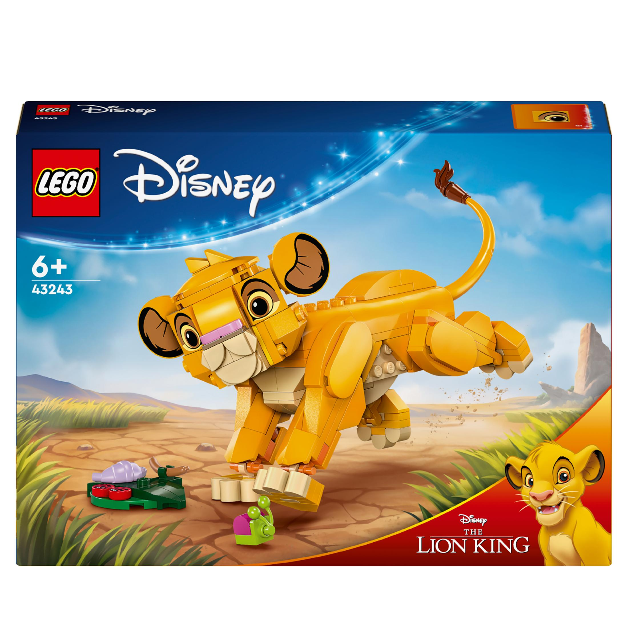 Set LEGO Disney El Rey León con una figura de Simba en una caja con fondo azul.