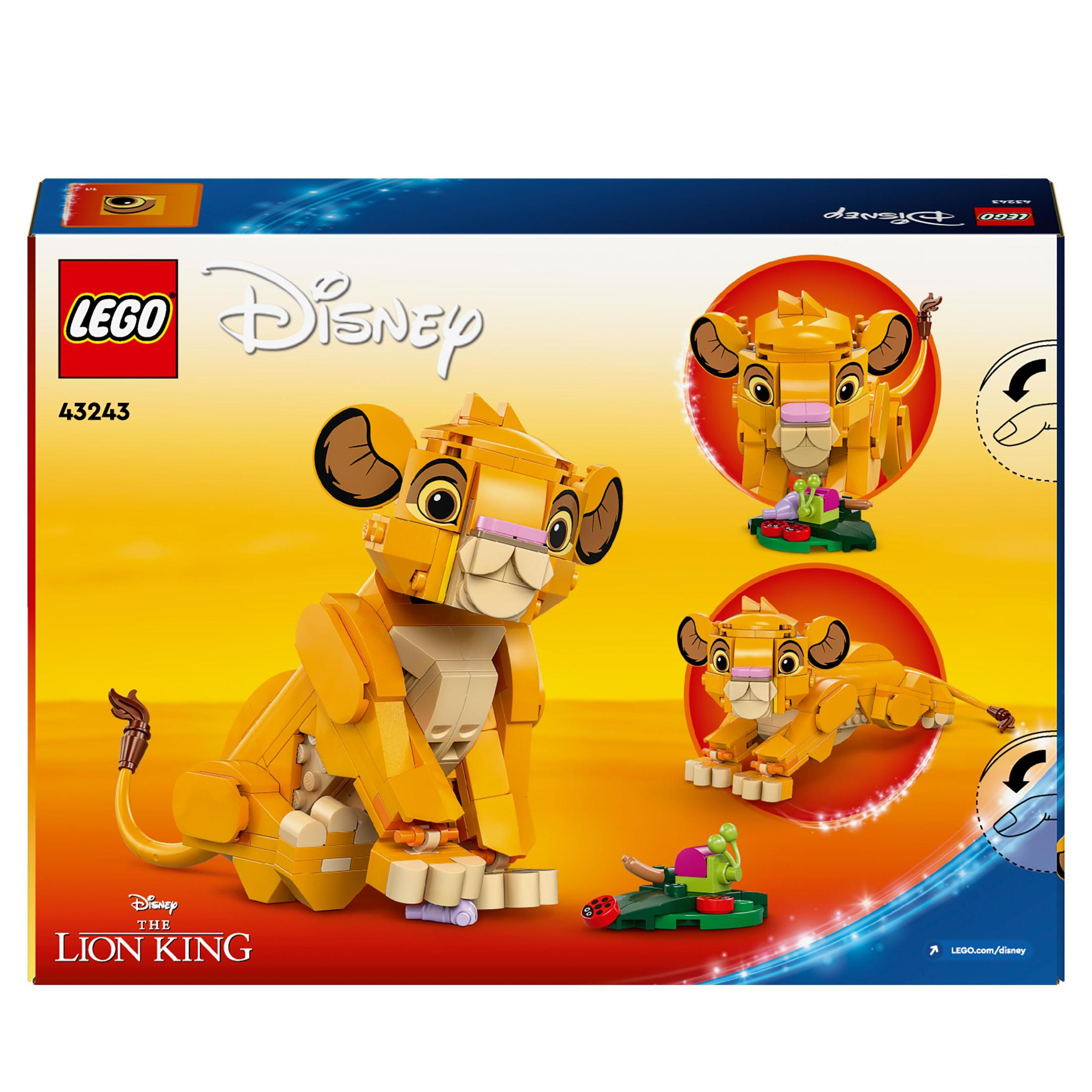 Set LEGO Disney Rey León. Muestra a Simba con otras imágenes sobre fondo amarillo.