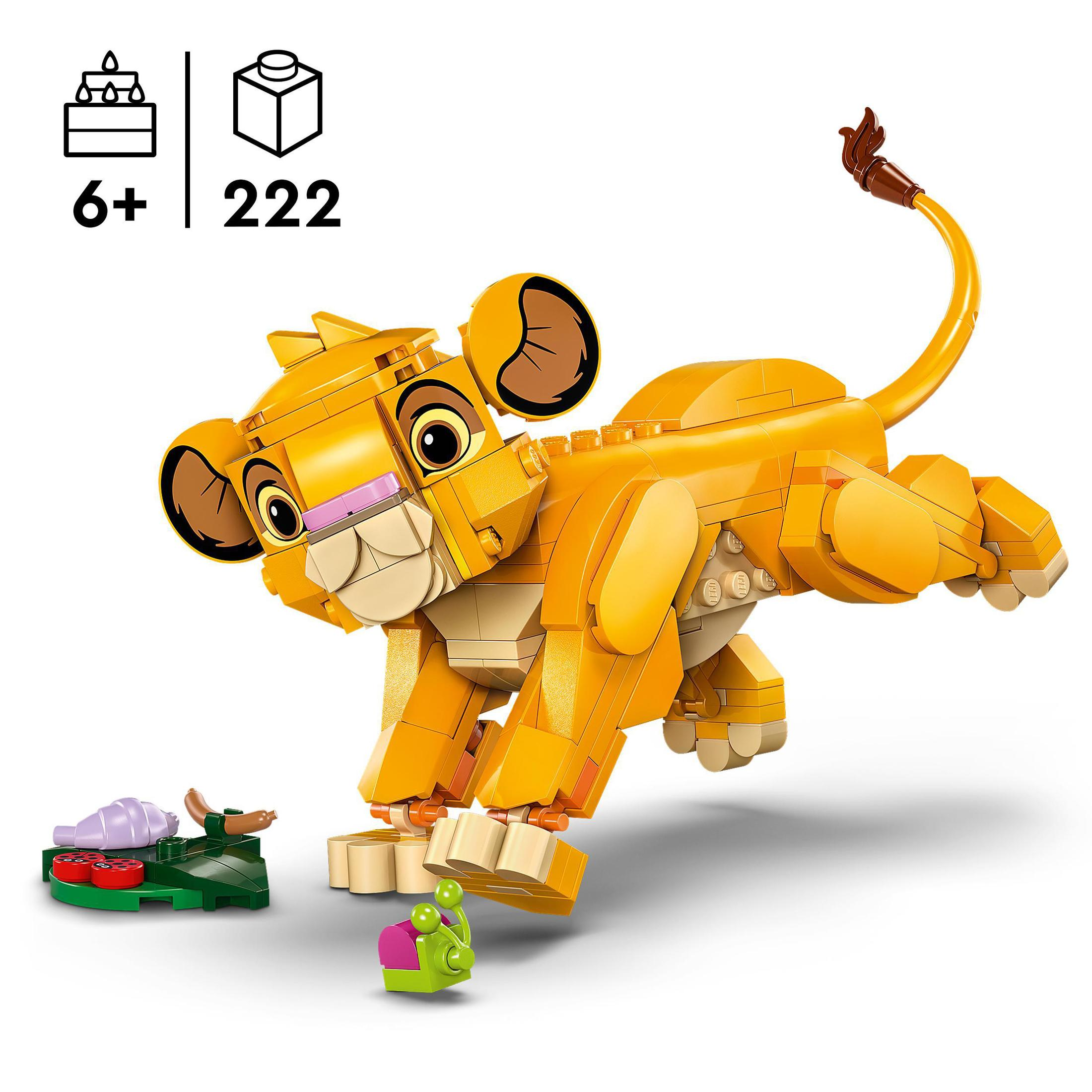 Figura Lego de Simba, el cachorro de león amarillo, corriendo, con accesorios verdes y morados.