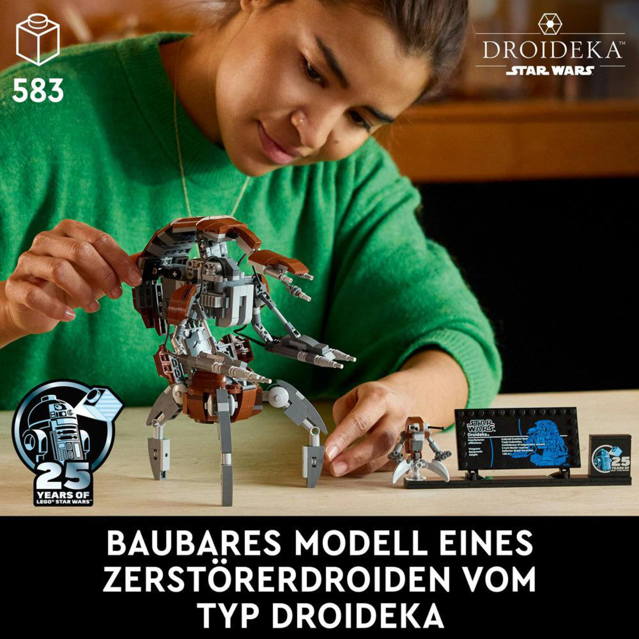 Kobieta buduje model Star Wars Droideka. Widoczne elementy, pudełko i mały model.