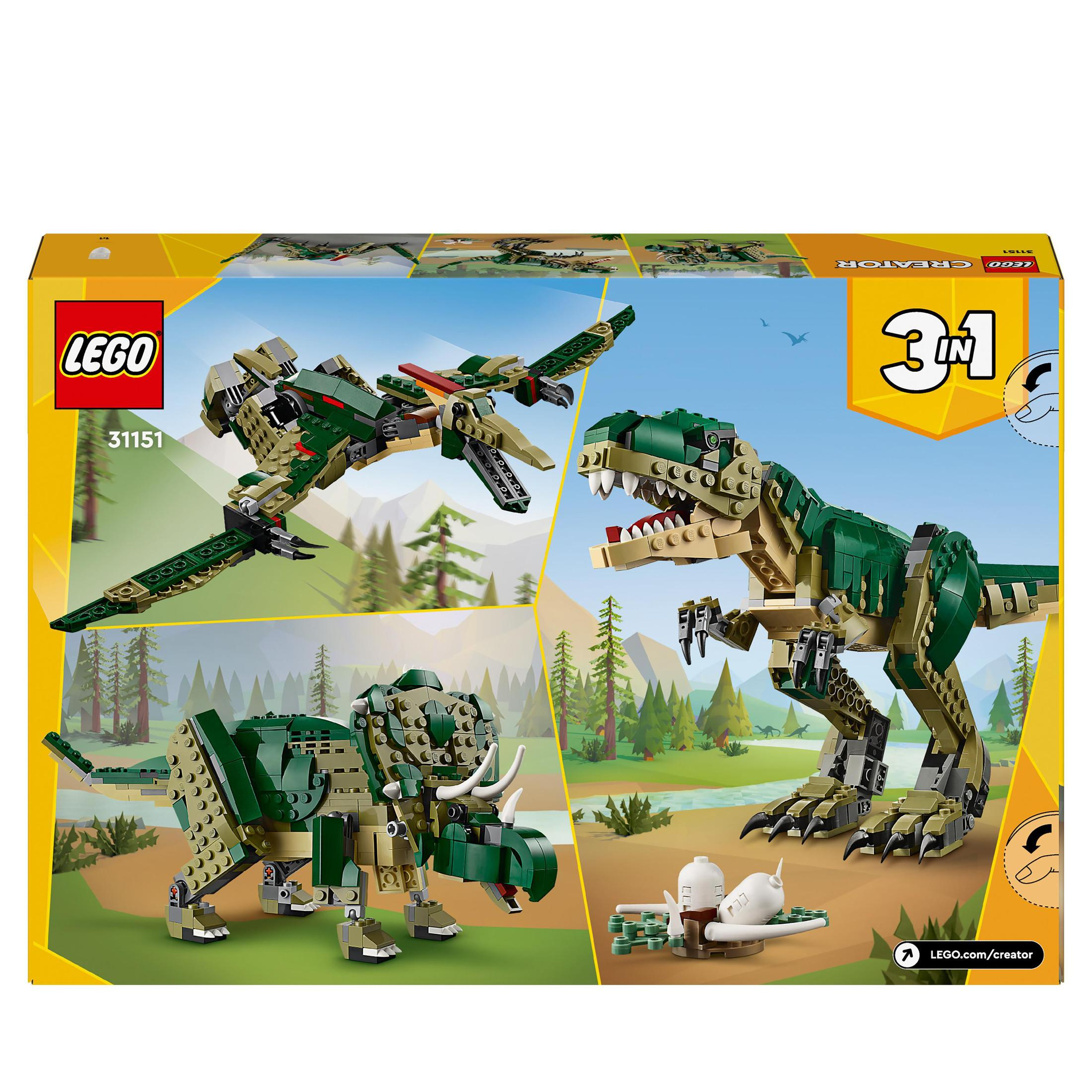 Pudełko Lego Creator z trzema modelami dinozaurów: T-Rex, Triceratops i samolot.