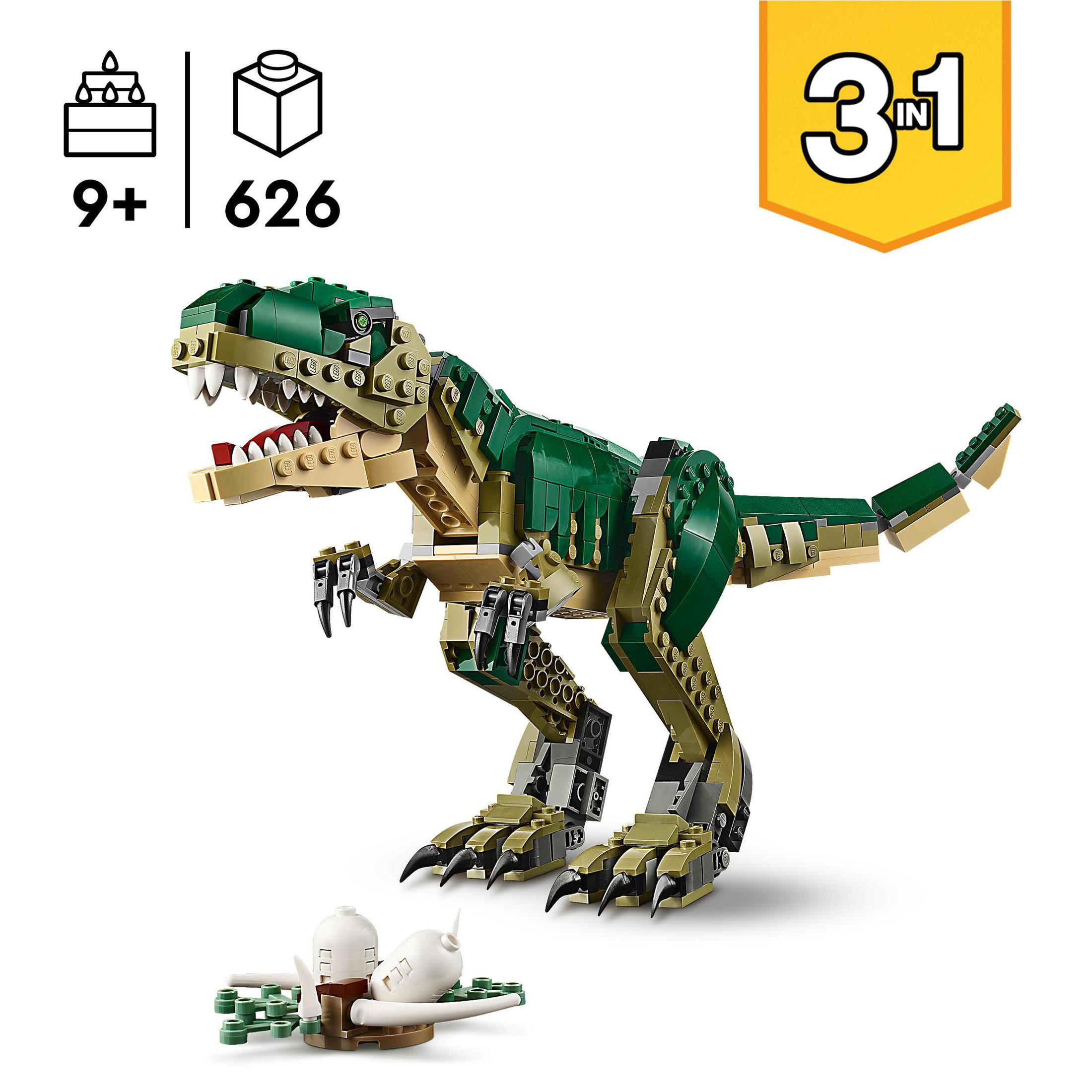 Model dinozaura Lego, kolory zielony i beżowy, z małą konstrukcją na pierwszym planie.