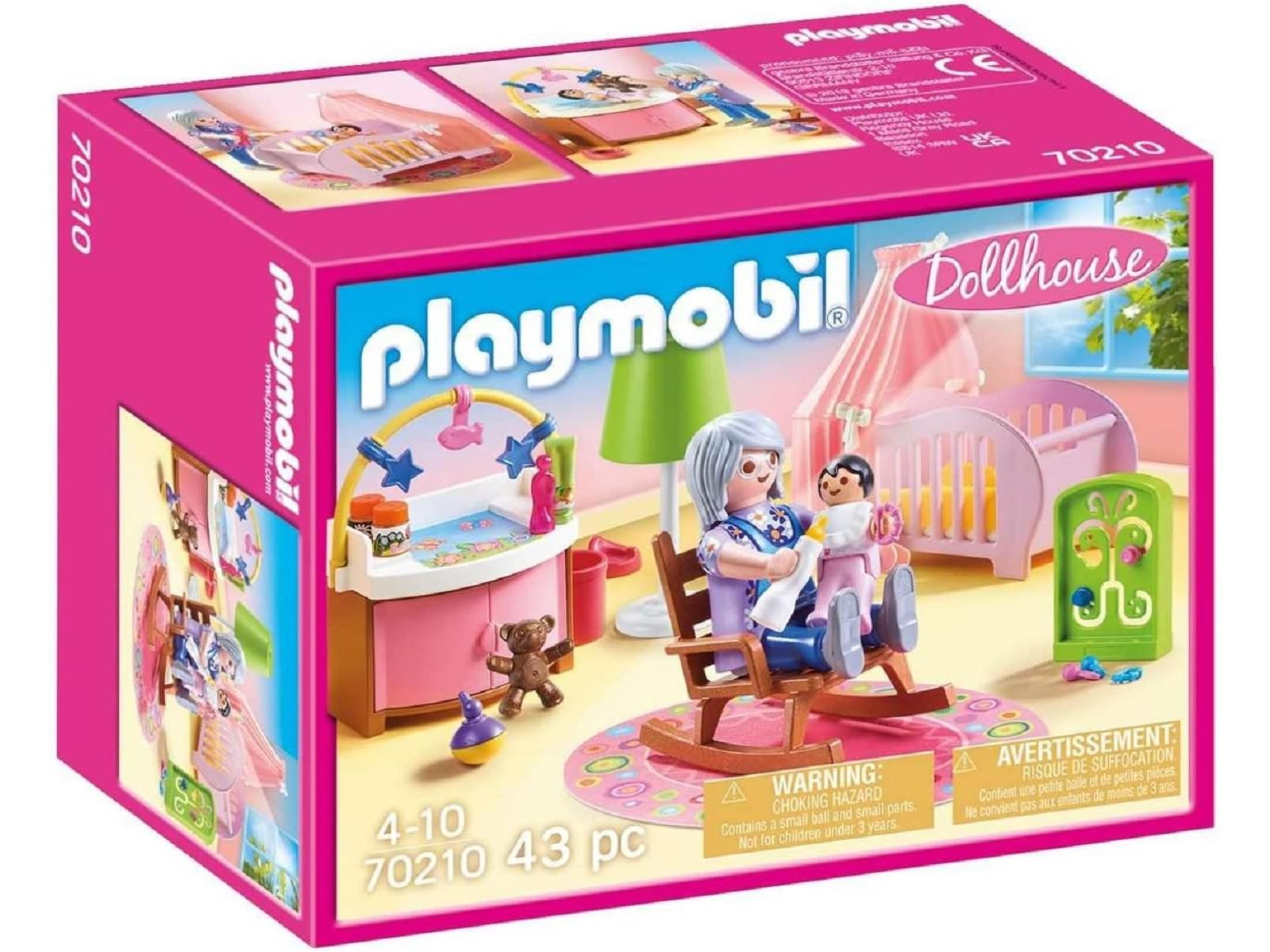 Playmobil Puppenhaus-Box mit einer Szene eines Babyzimmers und einer Puppe.