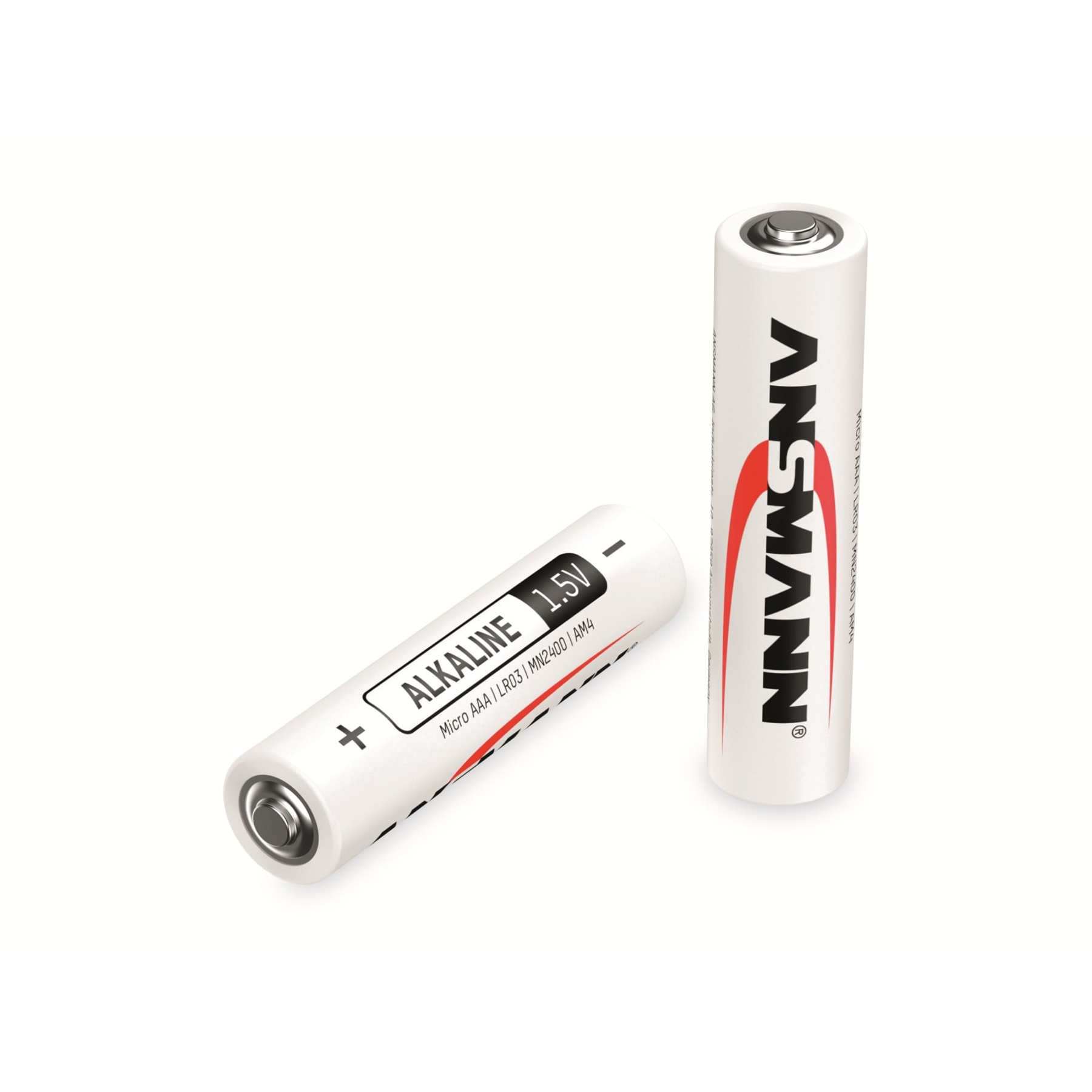 Zwei weiße AAA-Batterien, eine liegend, beschriftet 'ALKALINE 1.5V' mit Pluszeichen.