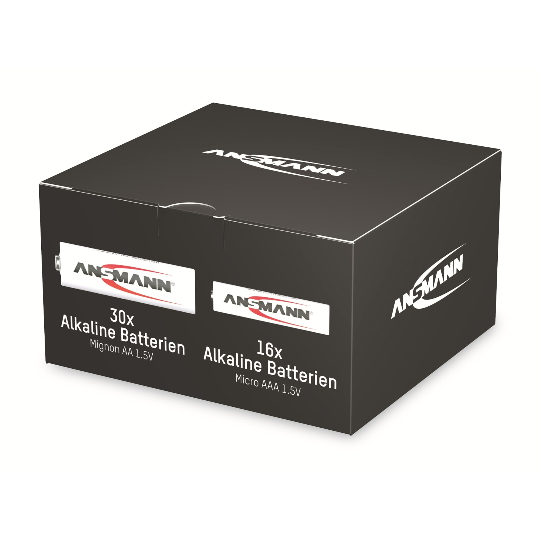 Eine schwarze ANSMANN-Batteriebox mit zwei Reihen von Batterien mit der Aufschrift '30x Alkaline AA' und '16x AAA'.