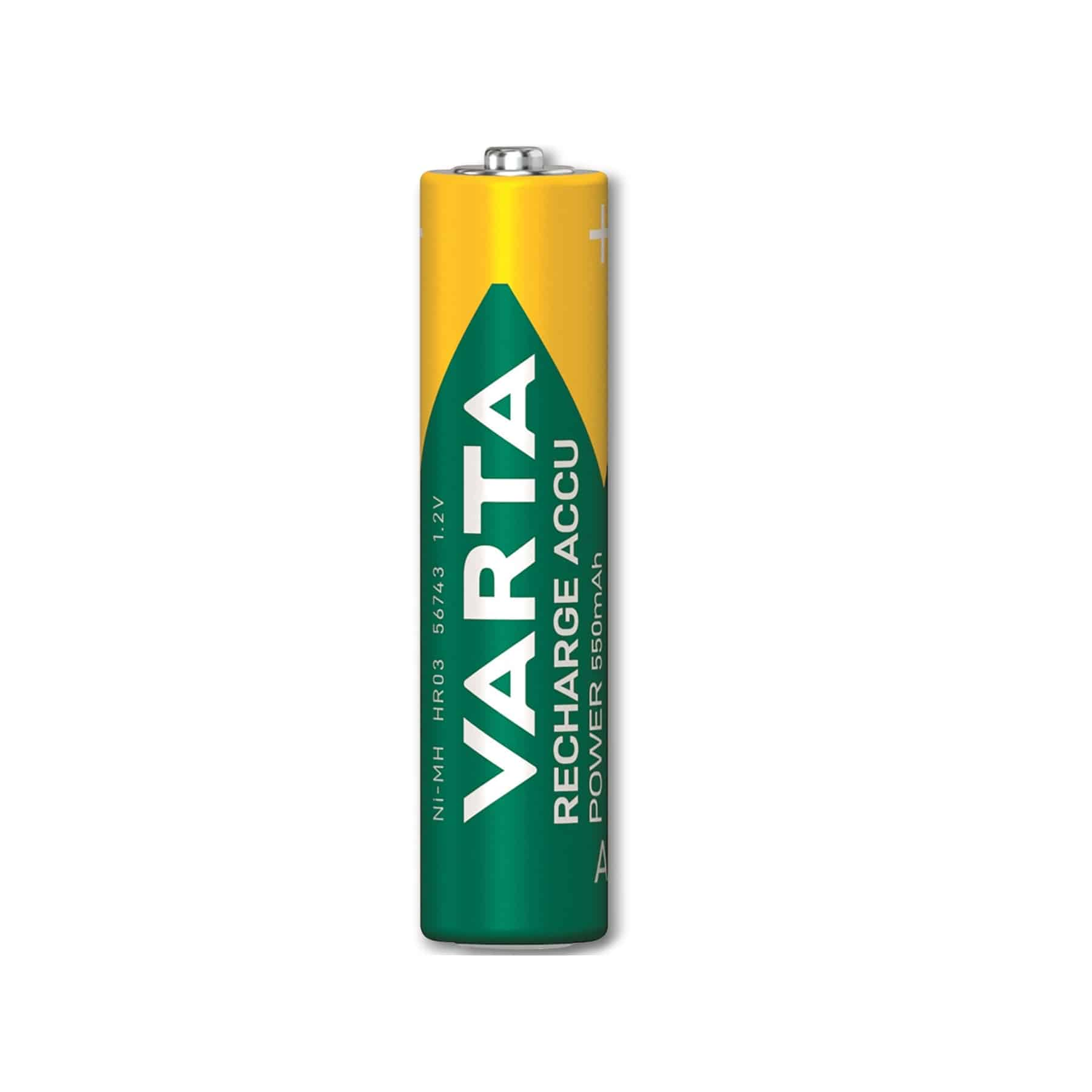 Een gele en groene VARTA oplaadbare batterij met tekst erop.