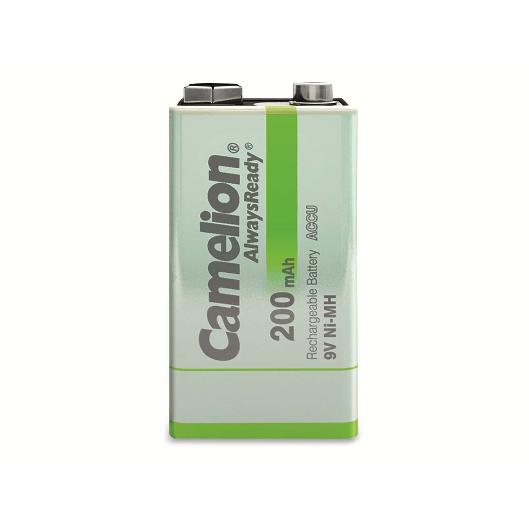 Prostokątna bateria 9V z napisem Camelion, 200 mAh, AlwaysReady, 9V Ni-MH, na białym tle.