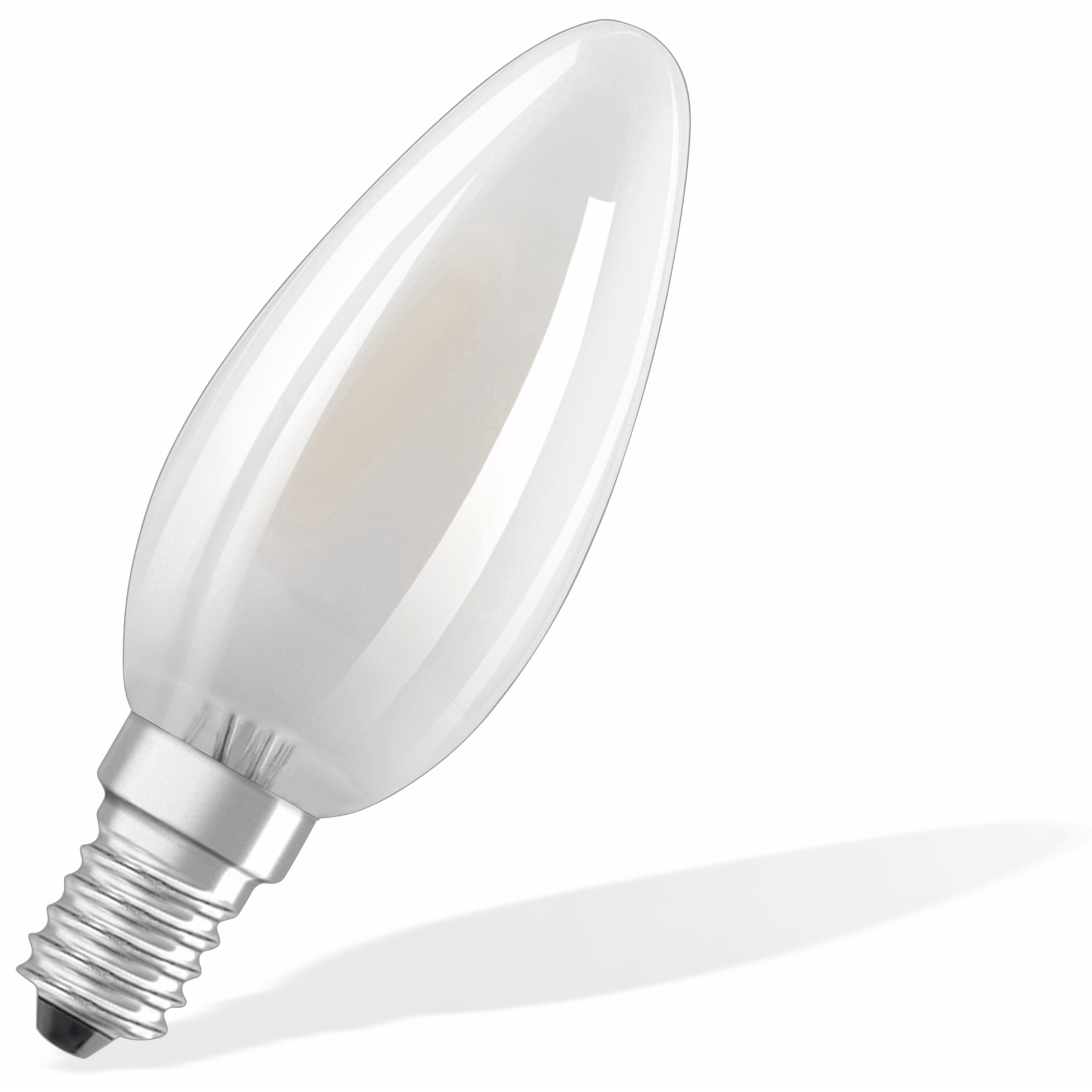 Une ampoule blanche en forme de bougie avec une base argentée, projetant une ombre.