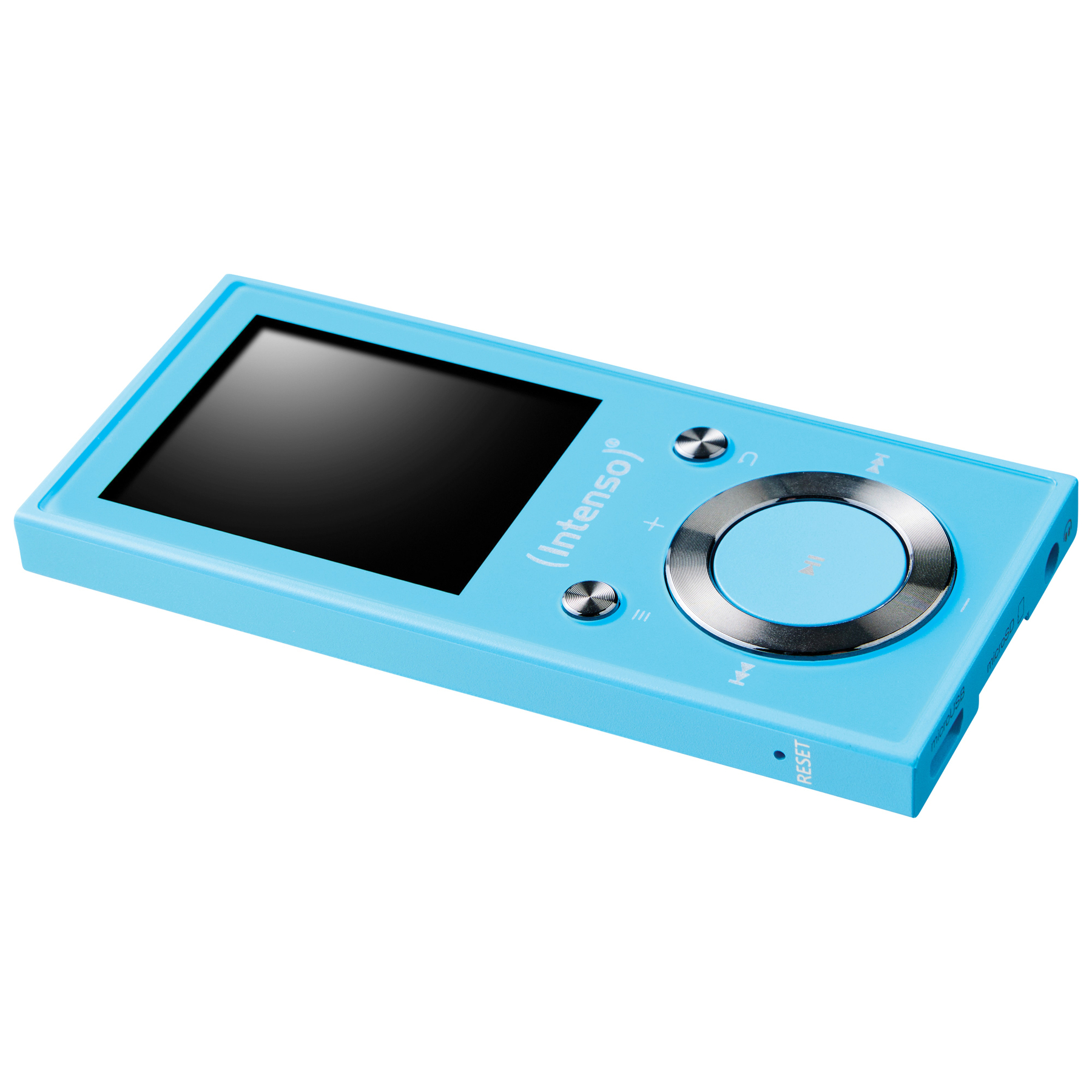 Jasnoniebieski odtwarzacz MP3 z małym ekranem i srebrnymi elementami sterującymi. Ma czarny ekran.