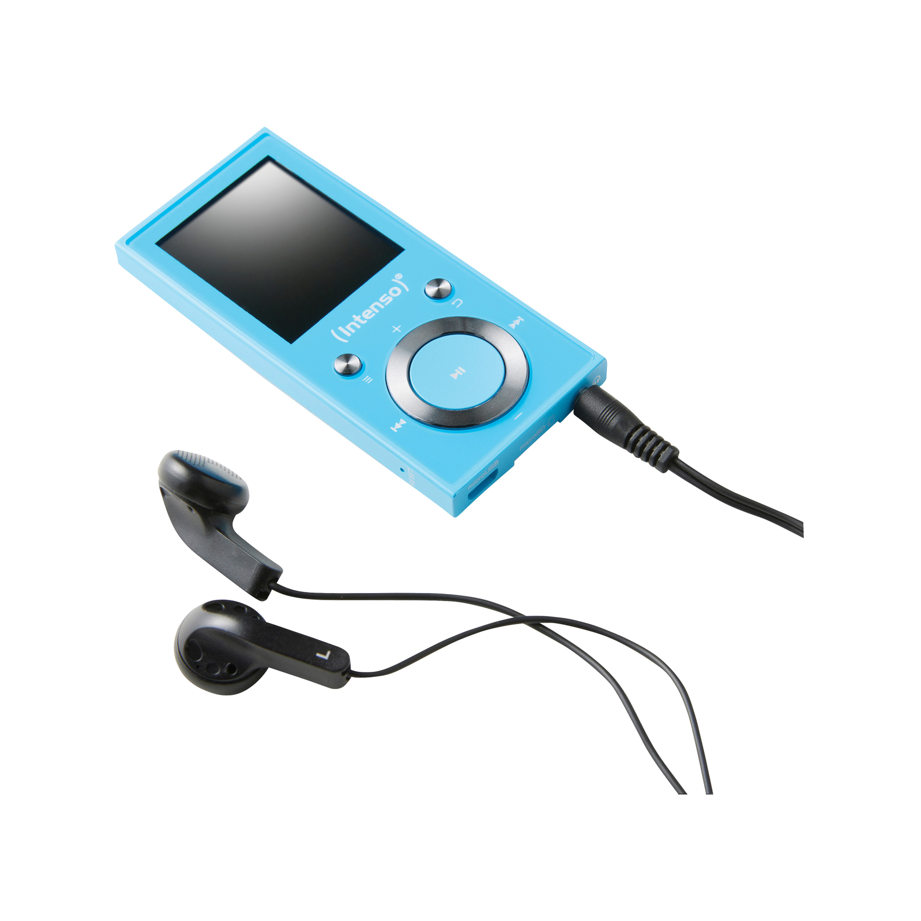 Niebieski odtwarzacz MP3 z ekranem i przyciskami. Dołączone są czarne słuchawki.