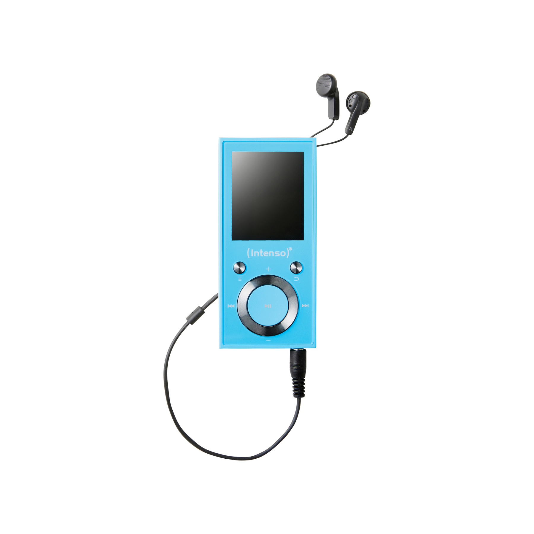 Niebieski odtwarzacz MP3 z ekranem i dołączonymi czarnymi słuchawkami.