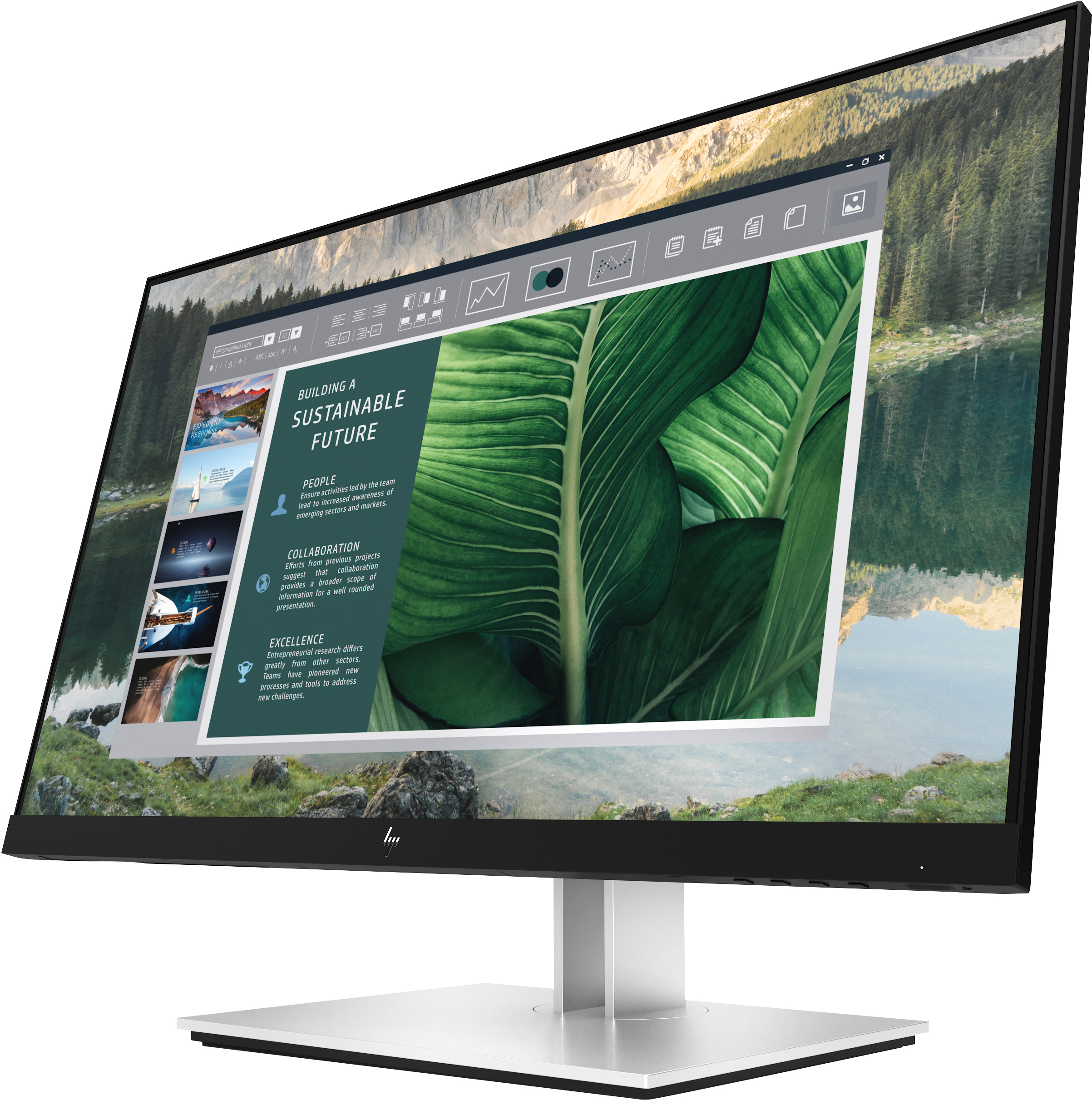 Monitor HP che mostra una presentazione, con vista lago e montagne.
