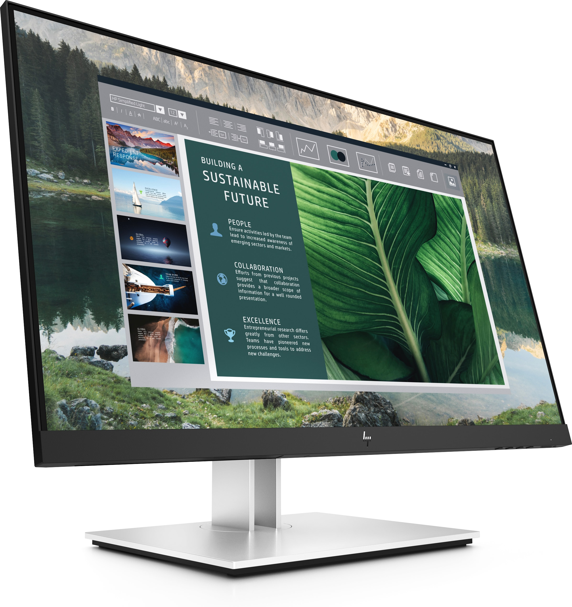 Monitor HP che mostra una presentazione su un futuro sostenibile. Lo sfondo è una foresta.