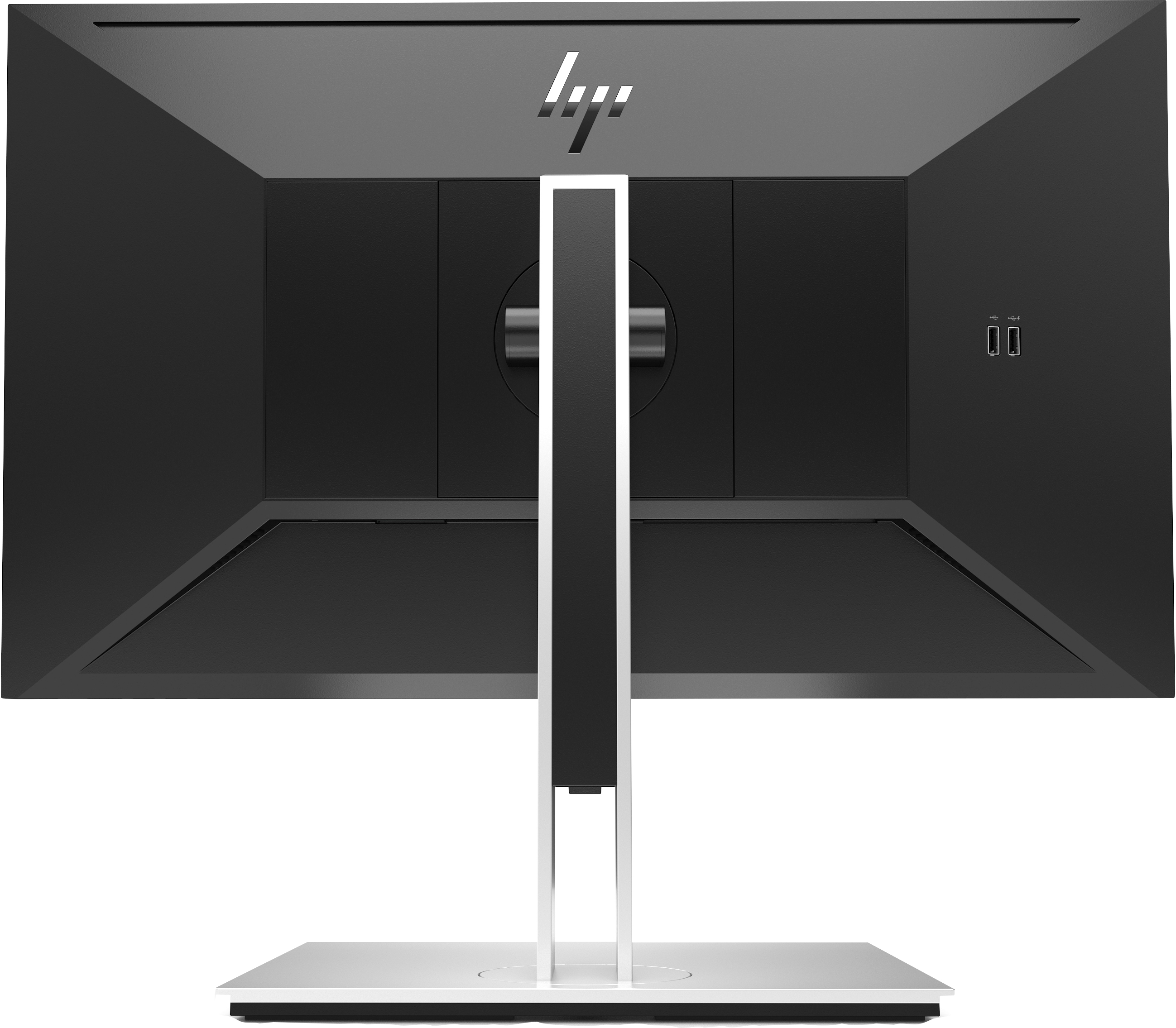 Parte posteriore di un monitor nero con il logo HP su un supporto.
