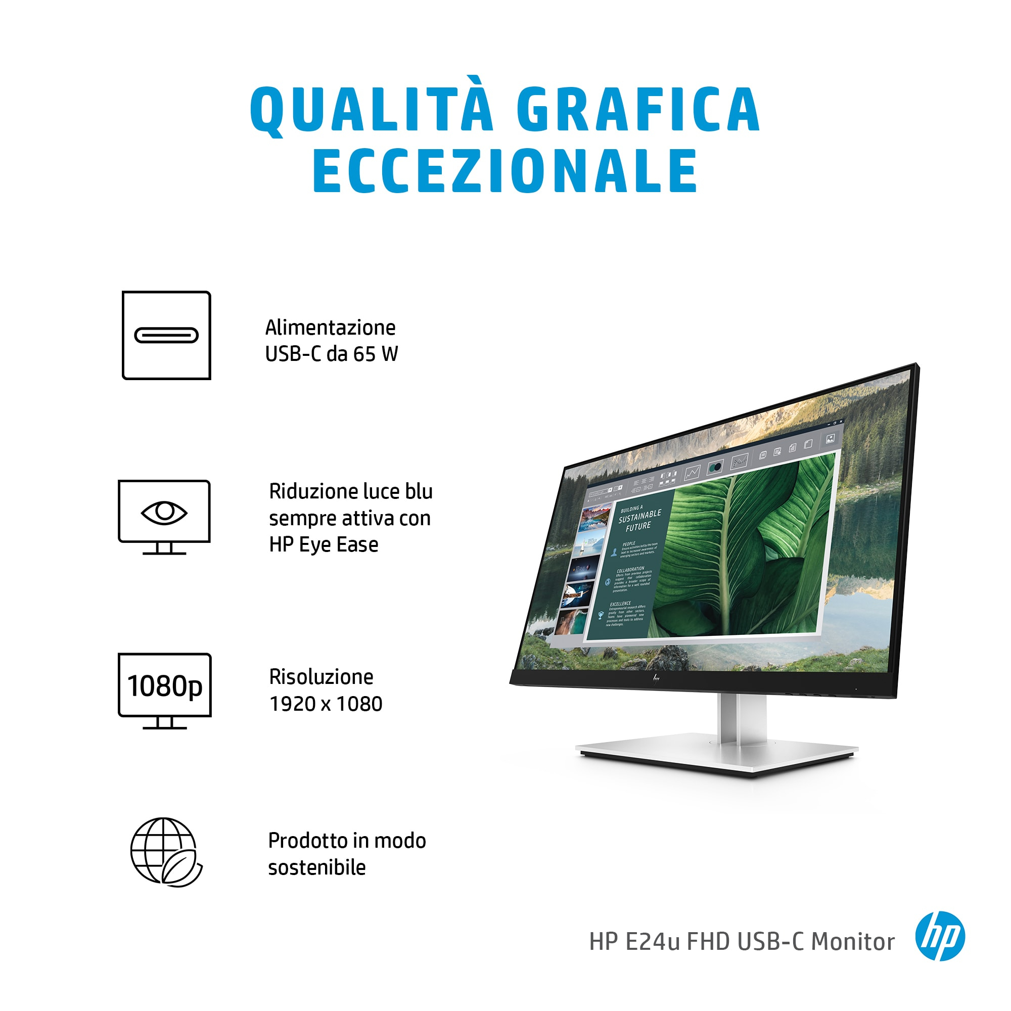Un monitor per computer con un display che mostra una scena naturale, con testo e icone accanto.