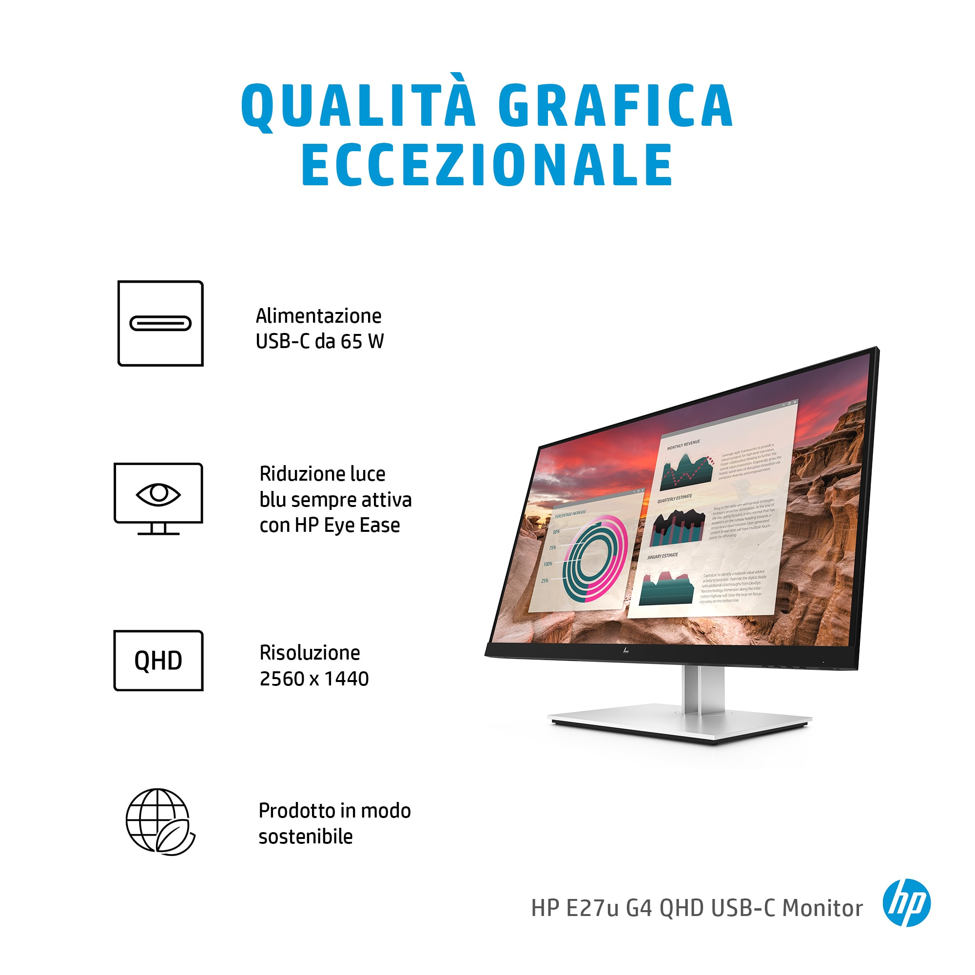 Un monitor con testo e icone, che mostra informazioni sul prodotto, con sfondo bianco. Logo HP.