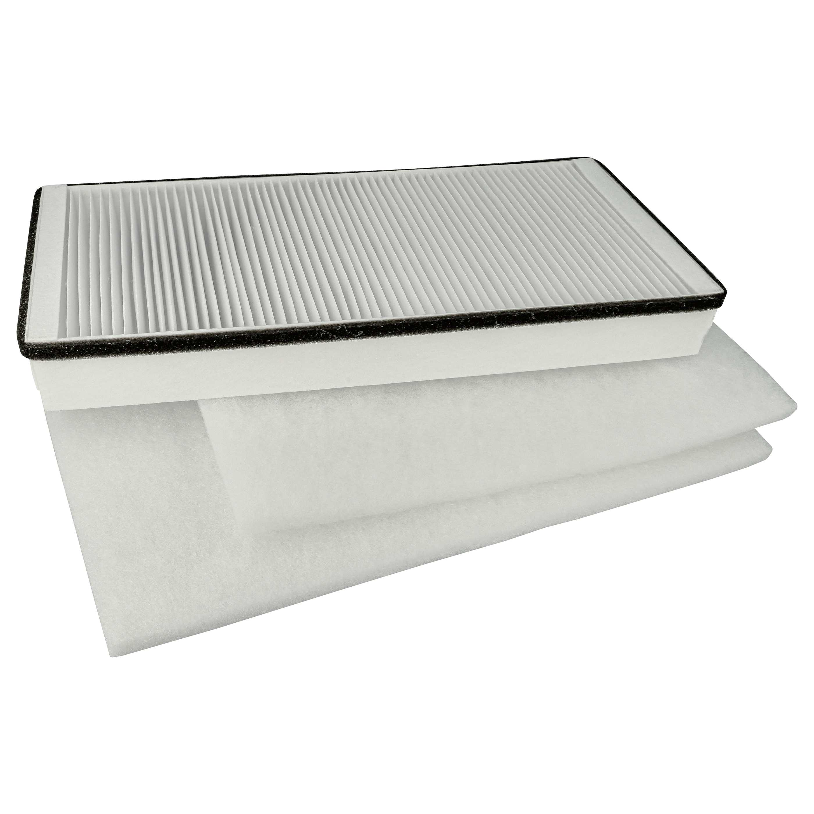 Ein Luftfilter mit weißen Papierschichten. Er ist rechteckig und hat schwarze Zierleisten.