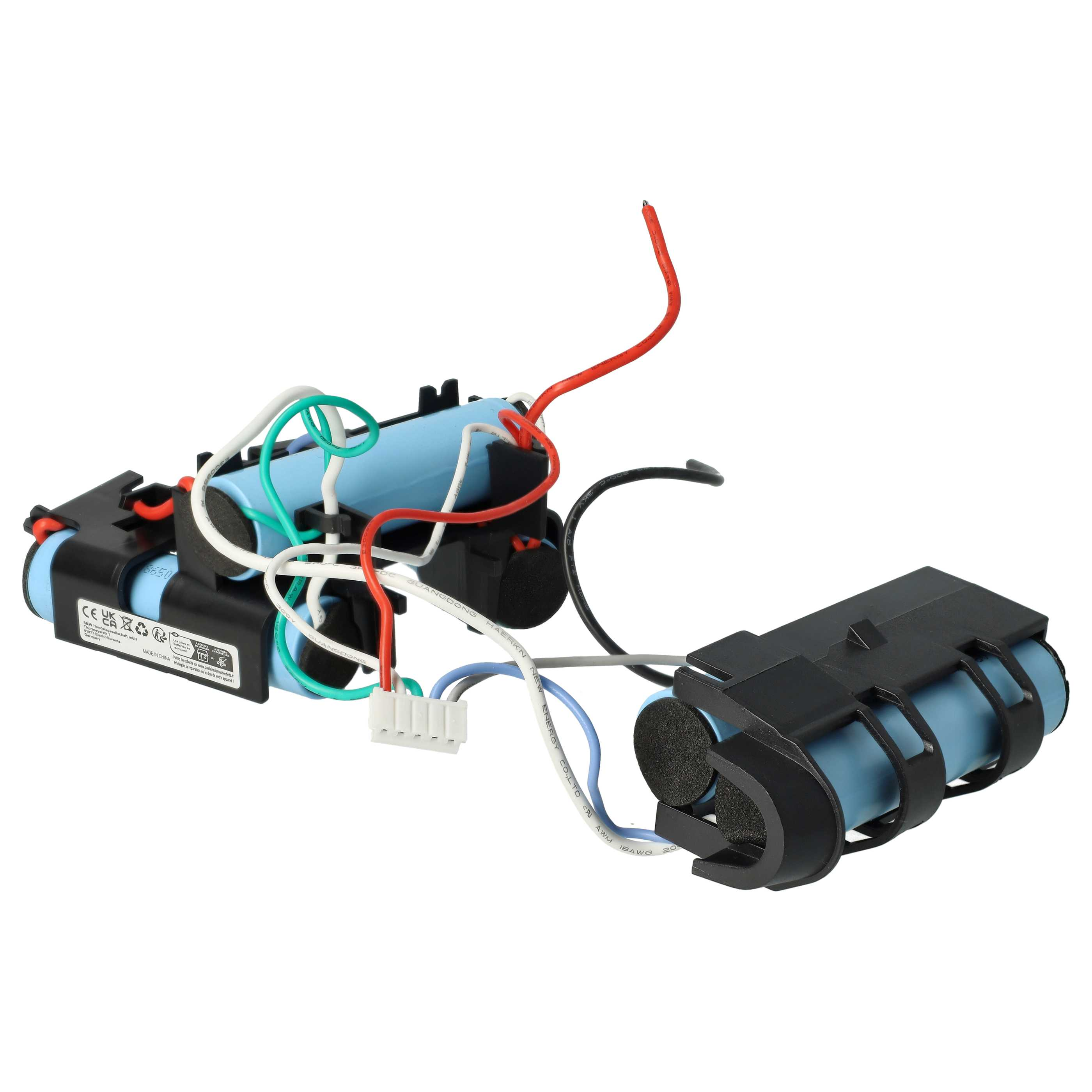 Zerlegtes Akkupack mit Drähten und Steckern. Die Batteriezellen sind blau.