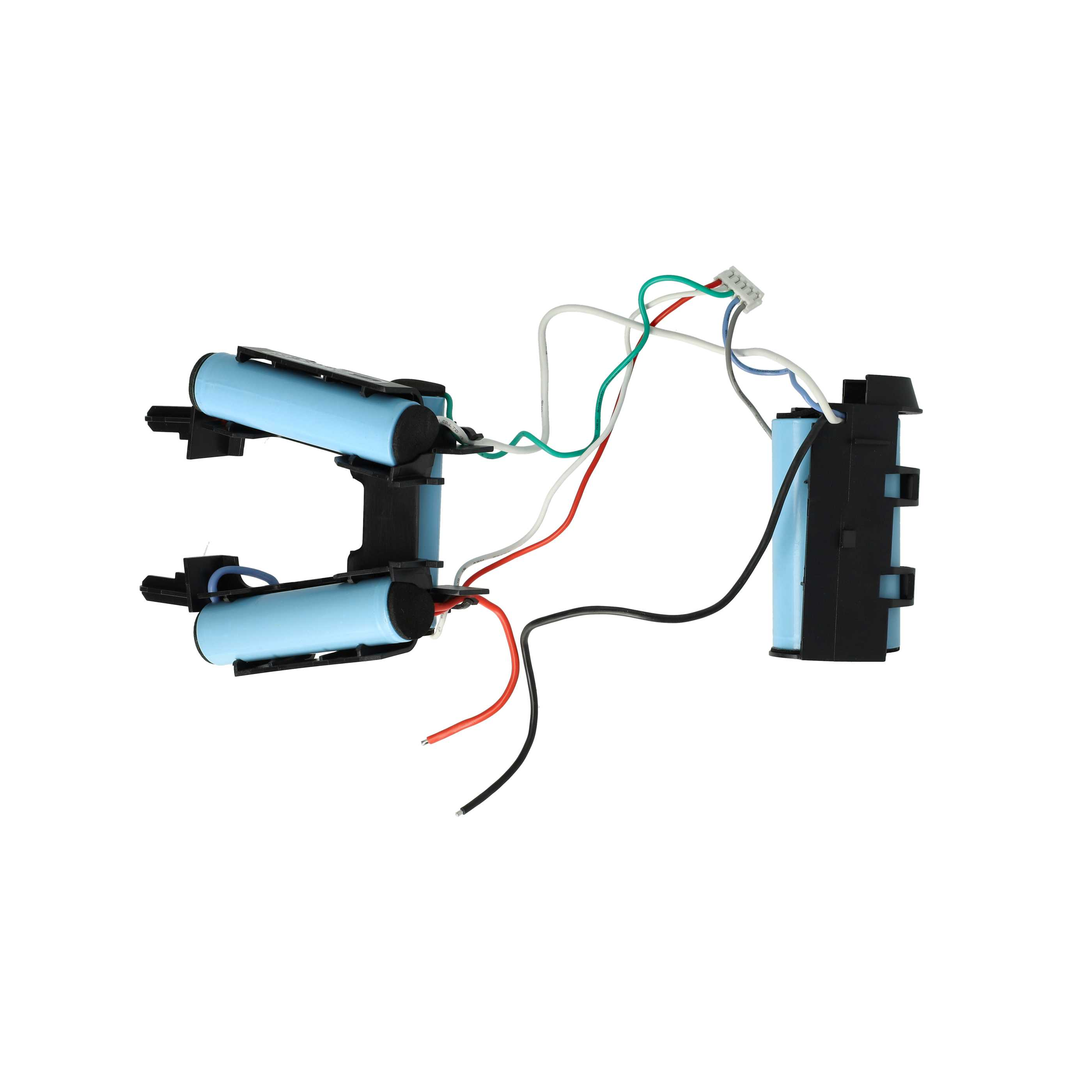 Ein offener Akkupack mit zwei Batteriesätzen, Verkabelung und Anschlüssen. Blaue Batterien in schwarzen Haltern.