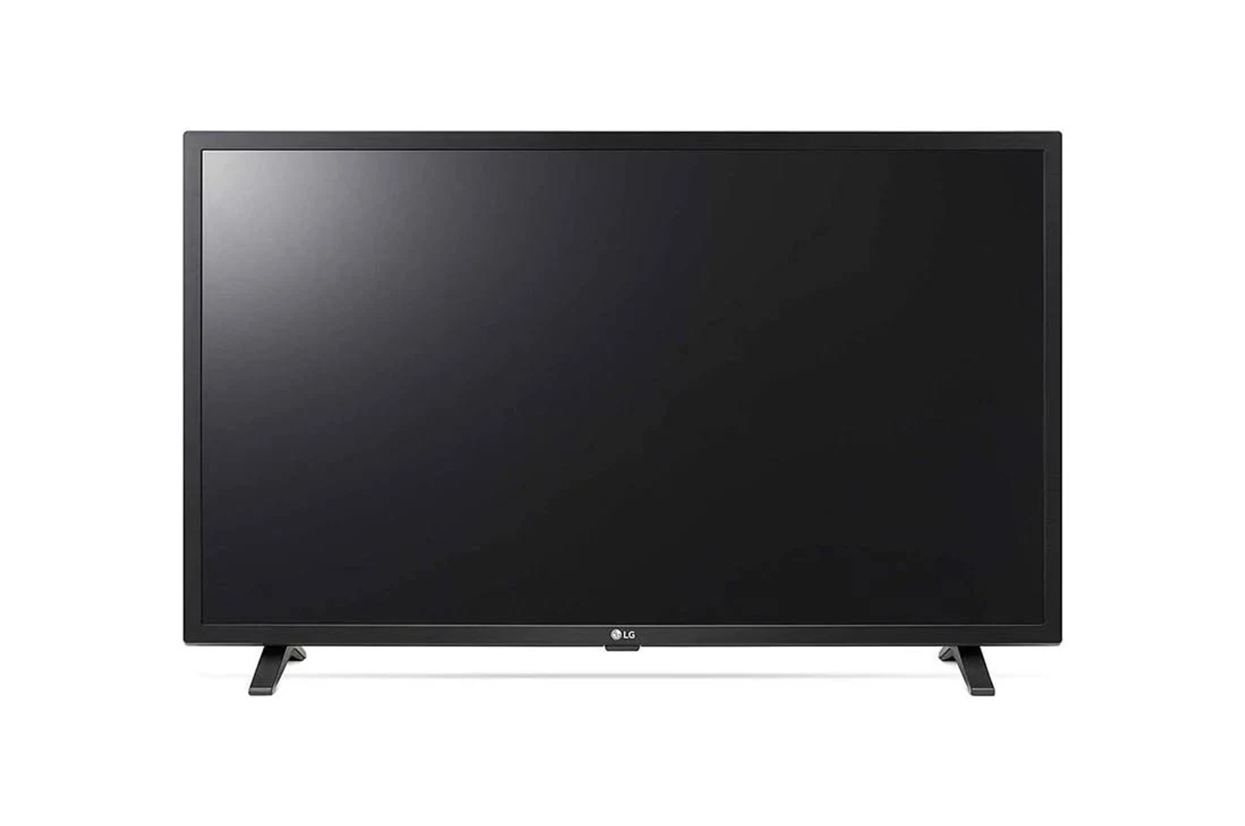 TV LG nero su sfondo bianco, vista frontale. Lo schermo è nero.