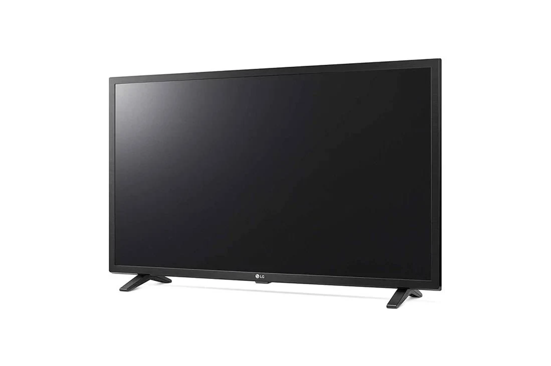 Una TV LG nera con un supporto nero. Lo schermo è spento.