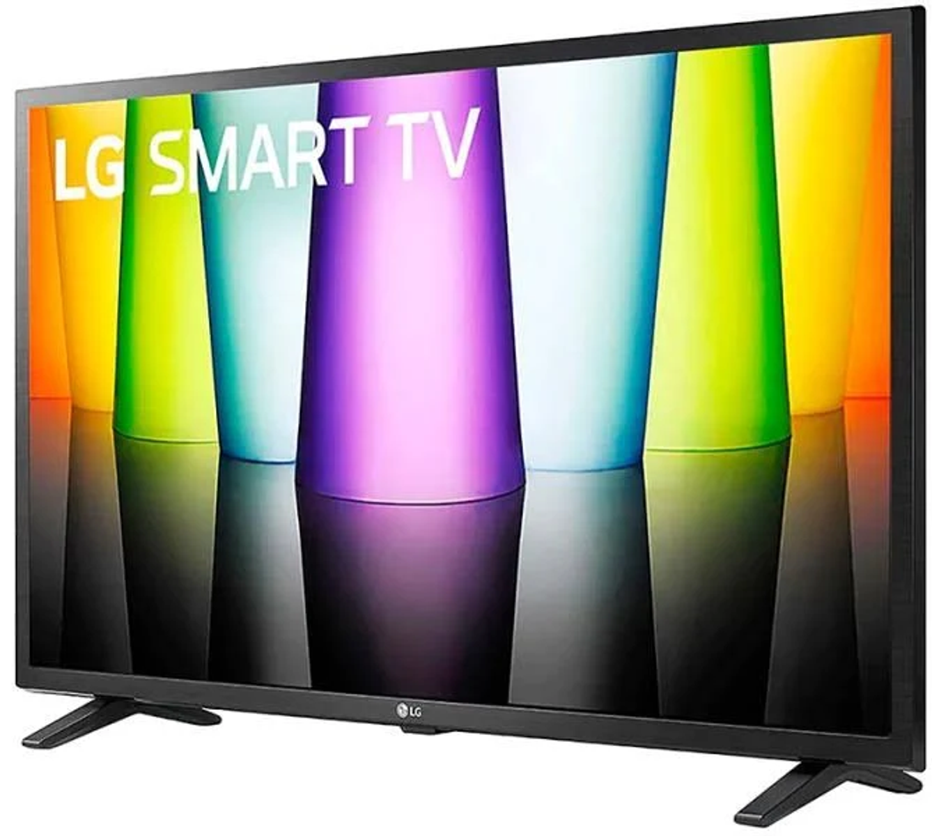Una Smart TV LG nera che mostra barre di luce colorate, con il logo LG in basso.